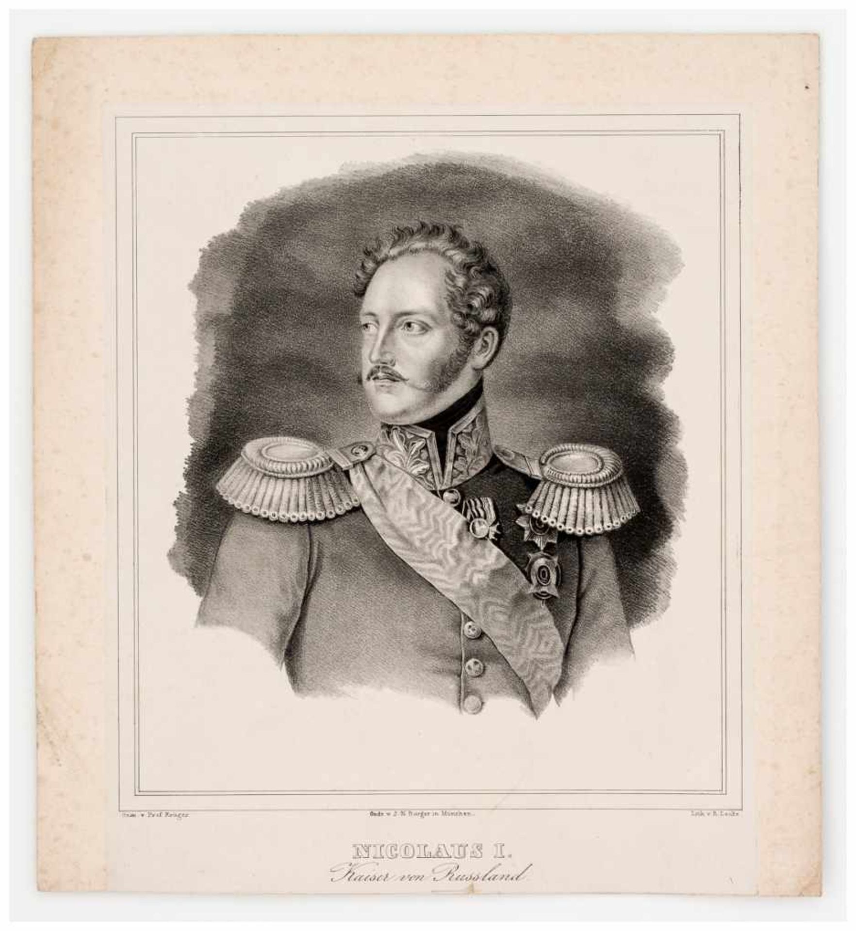 Zar Nikolaus I. Lithographie, um 1840 von R. Lecke nach Prof. Krüger Papiergrösse: ca. 32,5 x 29,5 - Image 2 of 2