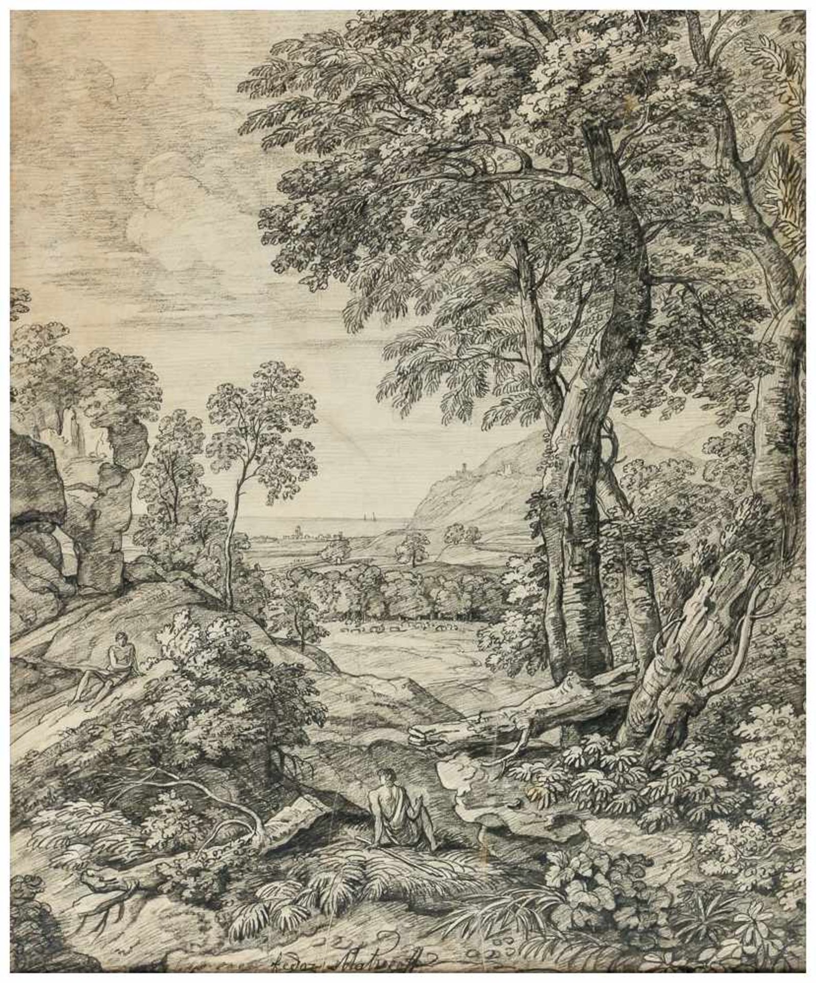 Landschaft Bleistift-Zeichnung von Fedor Matveeff (1758 - 1826) Bildgrösse: ca. 67 x 52 cm,