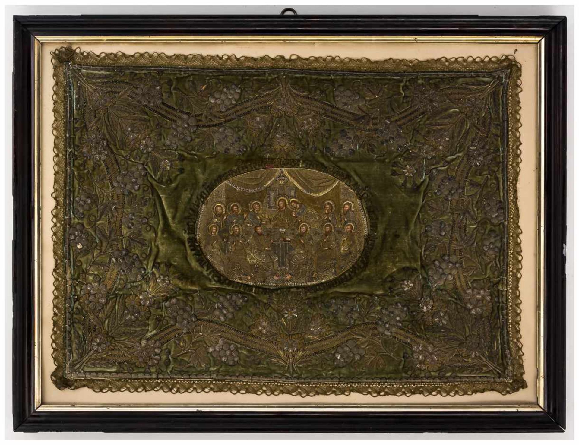 Abendmahl Russische Stickerei, um 1800 circa 52 x 72 cm, Rahmen: 63 x 83,5 cm Last supper // Russian - Bild 2 aus 2