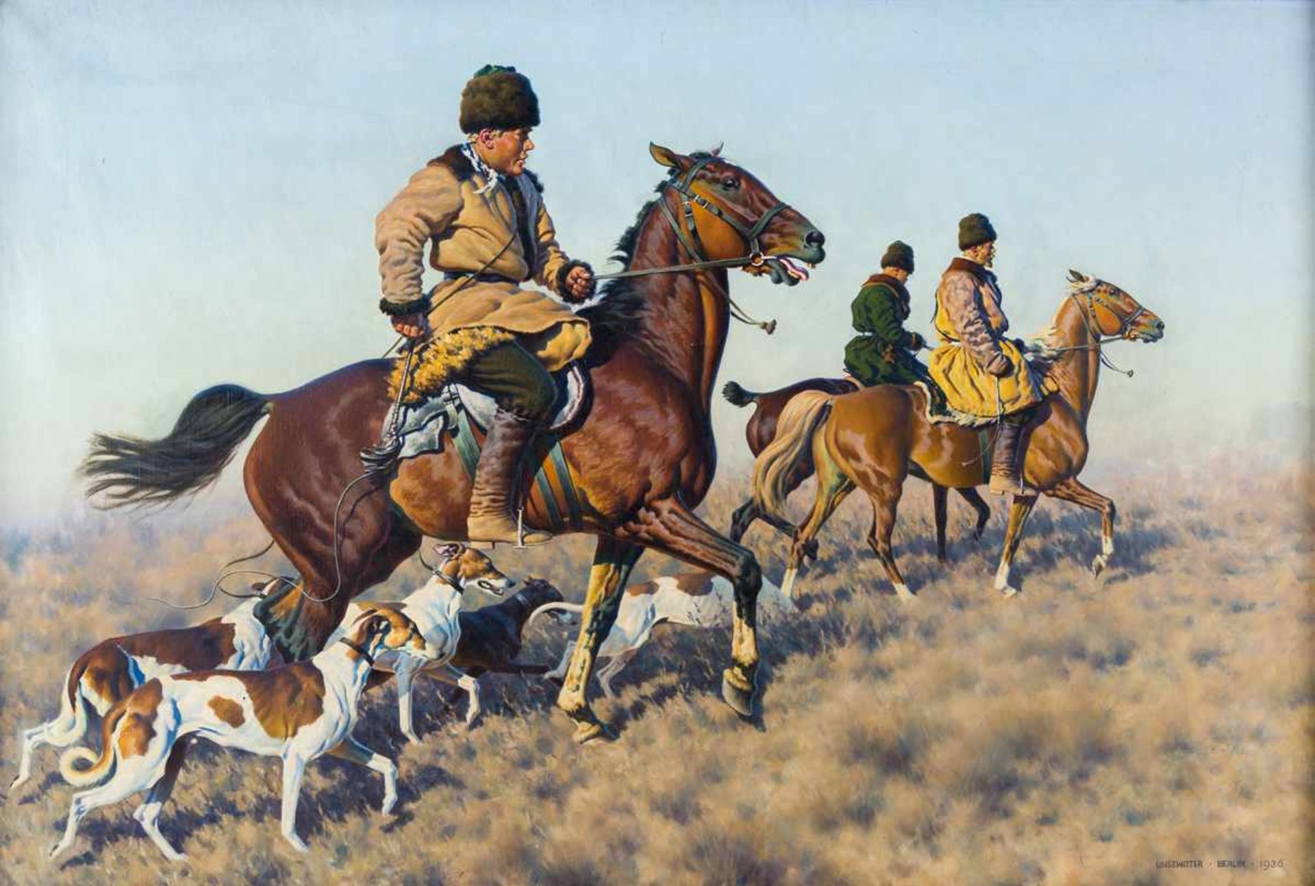 Hugo Ungewitter (1869 - 1944) Jagende Kosacken mit Hunden Öl / Leinwand, signiert und datiert 1936