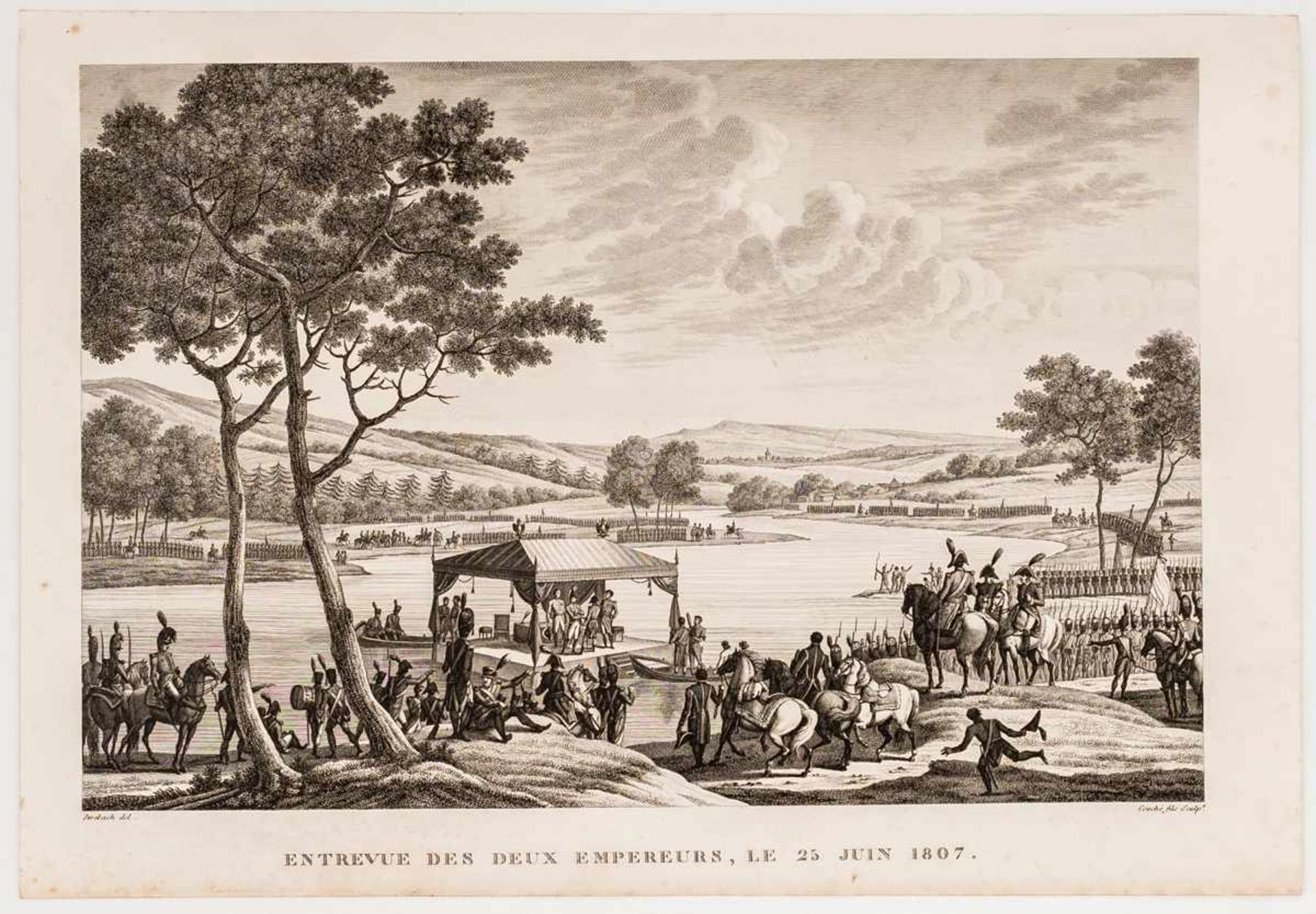 Treffen zwischen Napoleon und Alexander I. auf einem Floss am 25. Juni 1807 Kupferstich von Couché