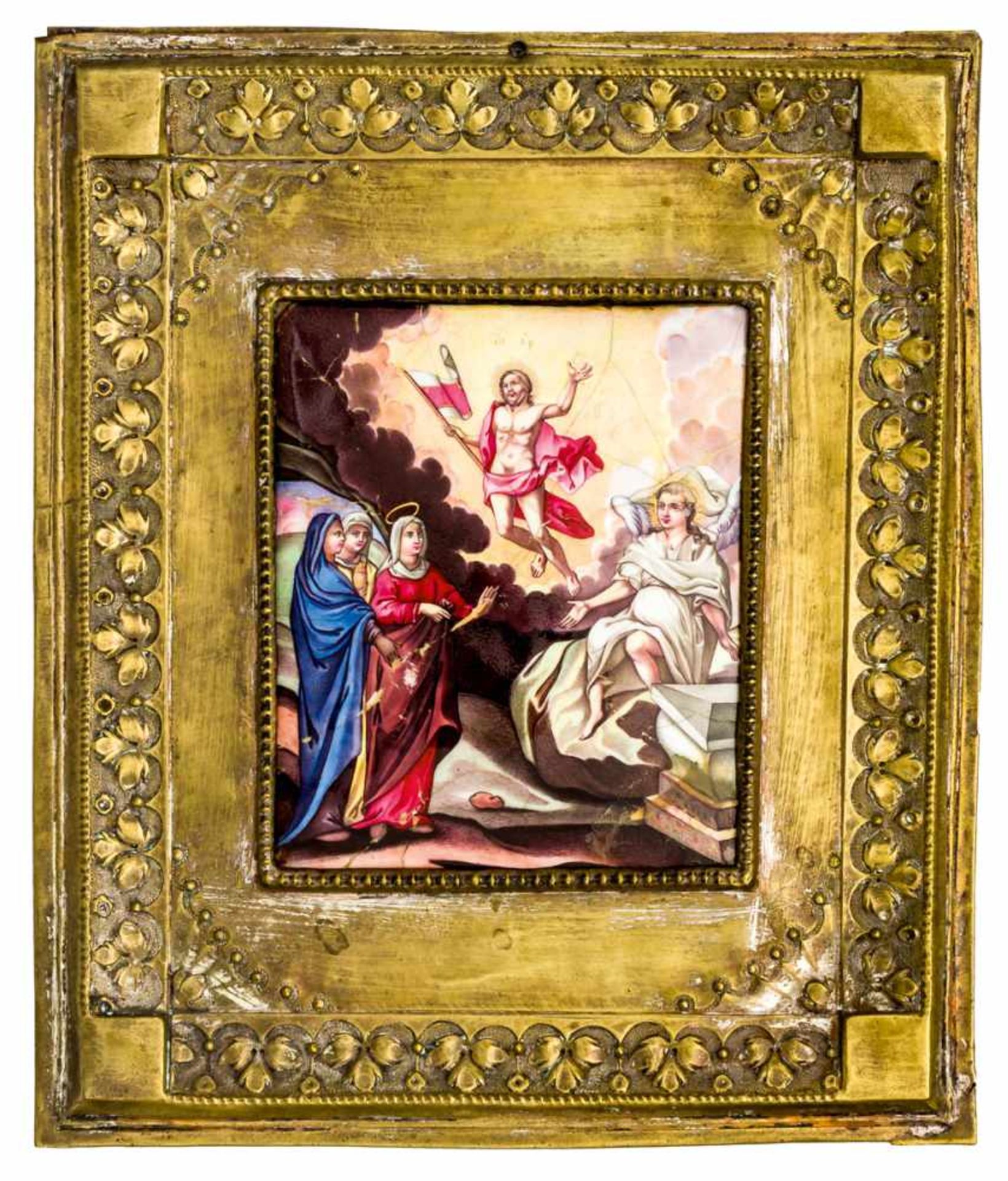 Frauen am Grab und Auferstehung Jesu Russisches Finifti, 19. Jh. 6,7 x 8 cm (Metallrahmen: 15,5 x 13