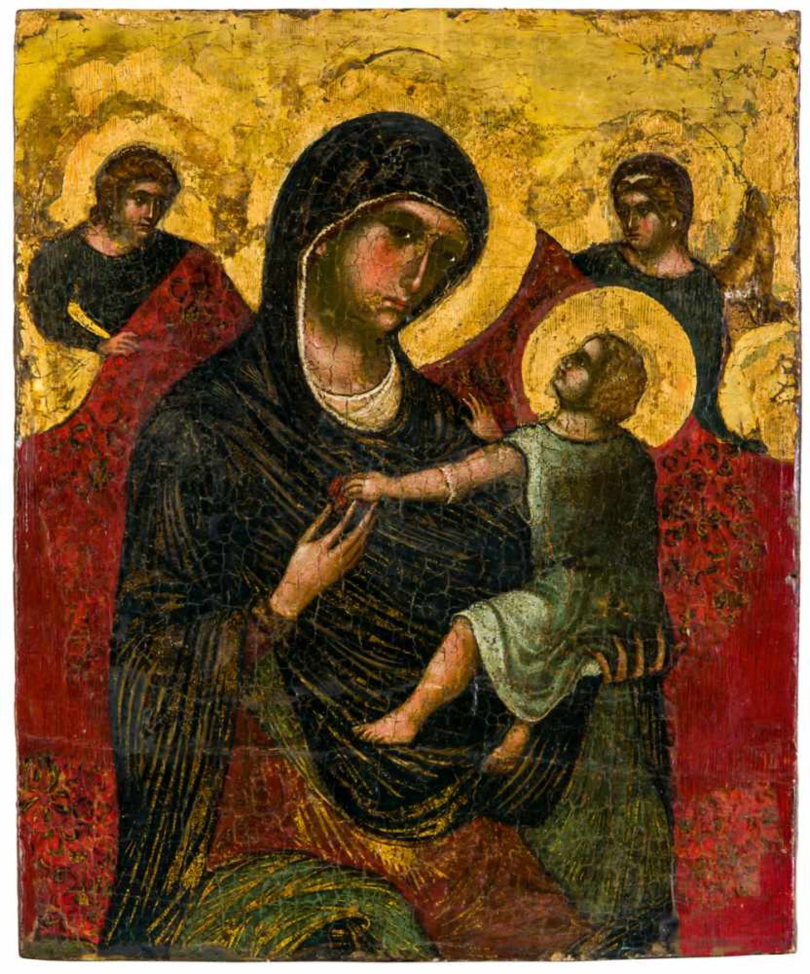 Paolo Veneziano (vor 1333 - nach 1358), Werkstatt Madonna mit Jesuskind und zwei Engeln Tempera /