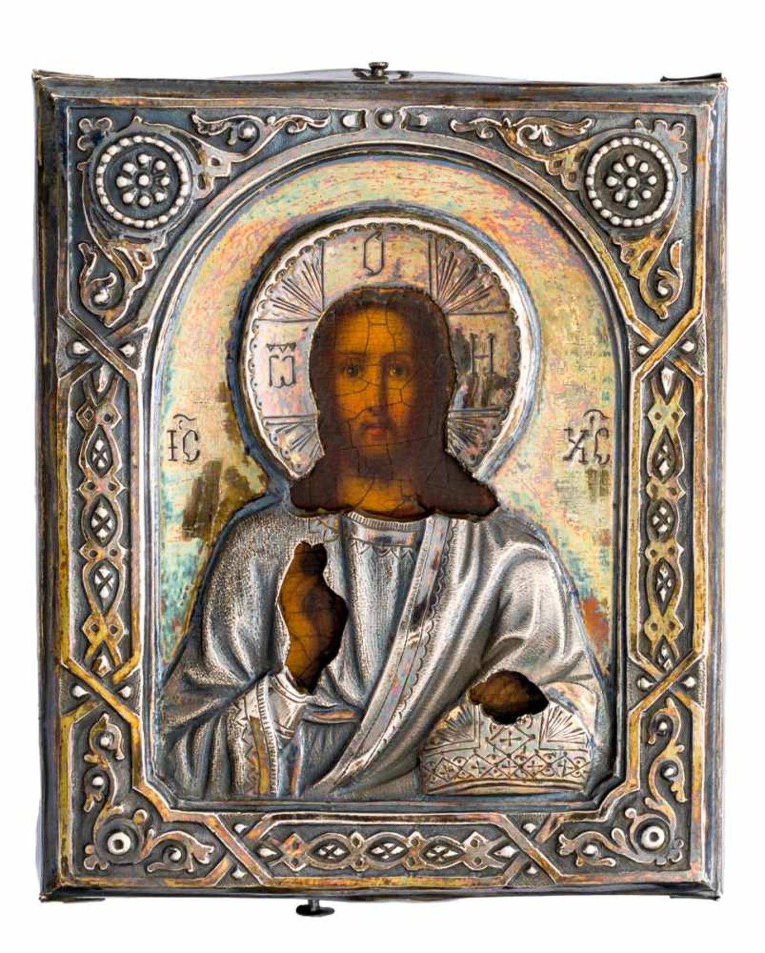 Christus Pantokrator Russische Ikone mit Silberoklad, St. Petersburg 1896-1908 9 x 7,5 cm