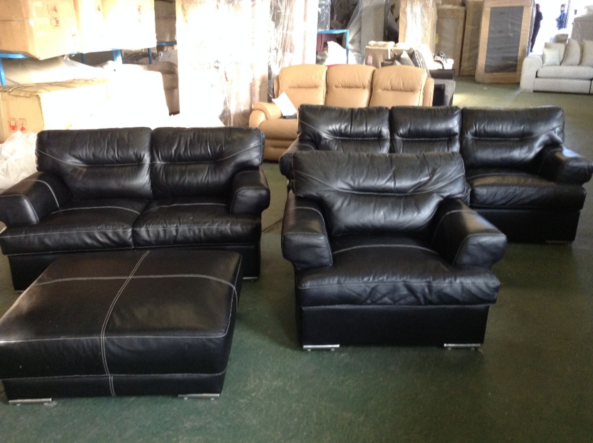 BLACK LEATHER WITH WHITE STITCH 3 SEATER SOFA, 2 S