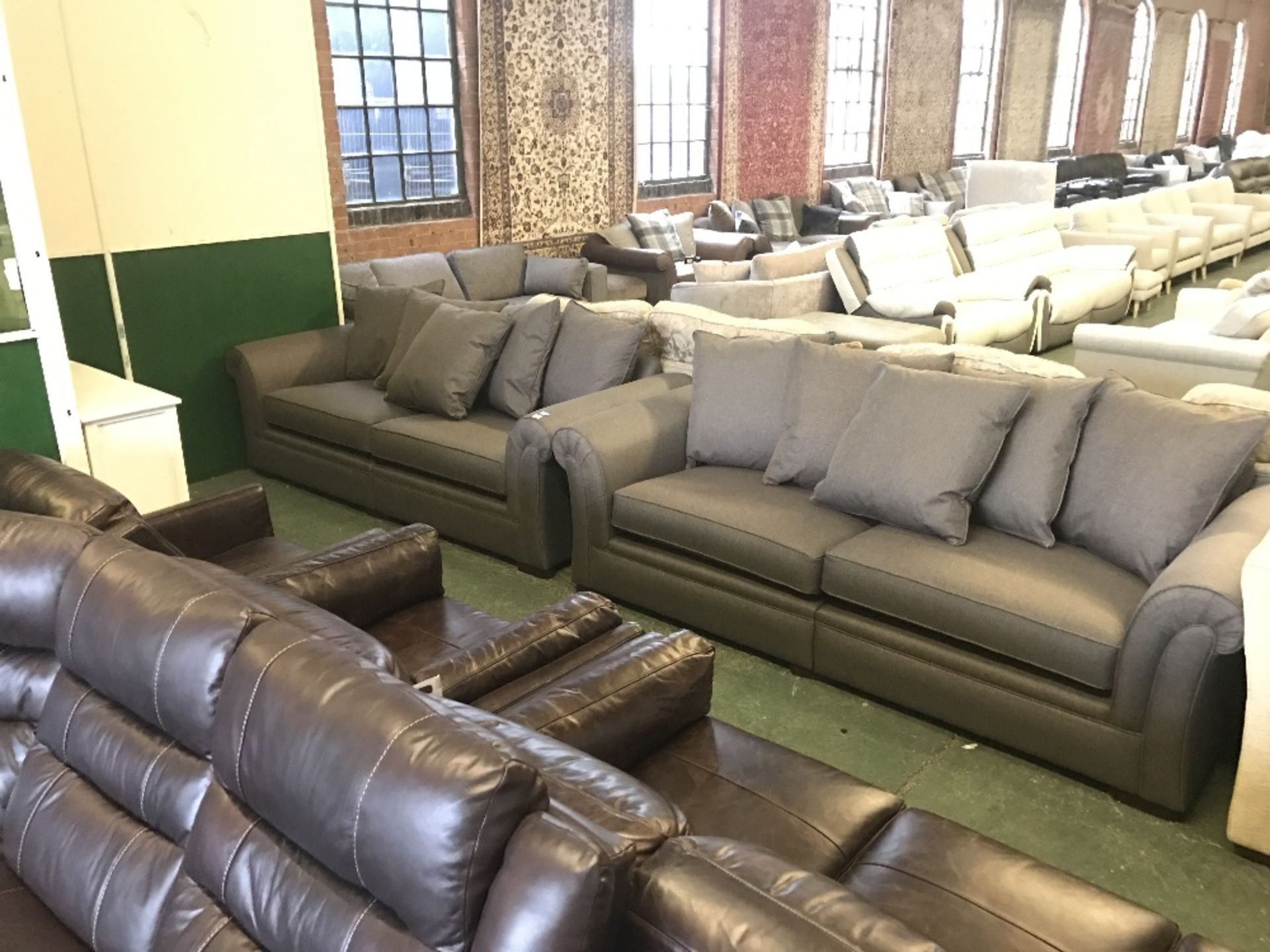 2 x CHOCOLATE SPLIT 3.5 SEATER SOFAS (3573-3574)