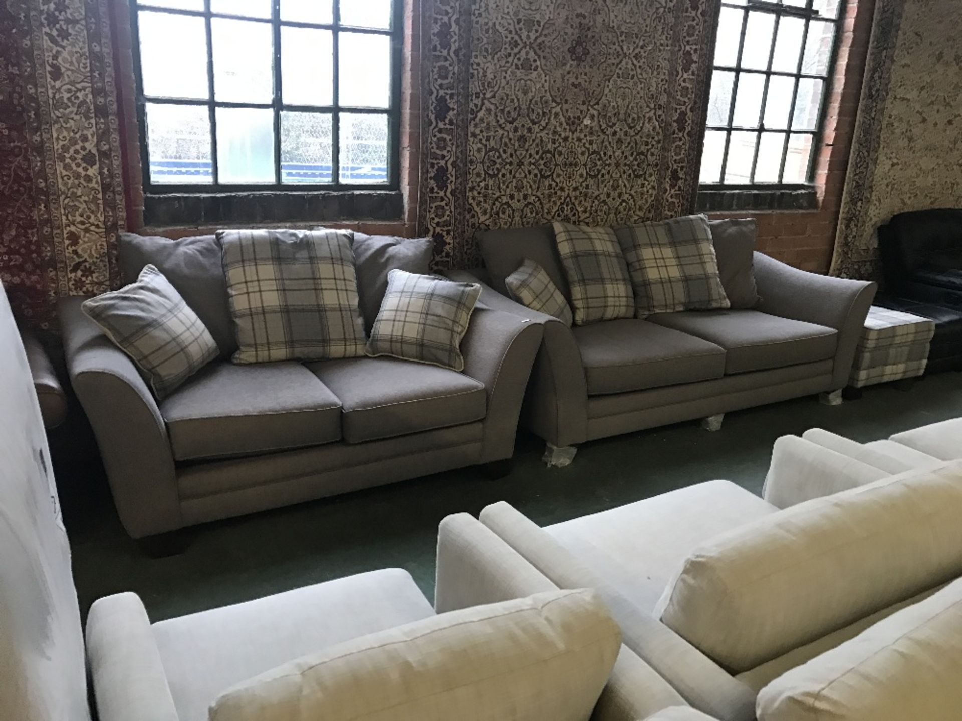 CHOCOLATE 3 SEATER SOFA, 2 SEATER SOFA AND CHECKER