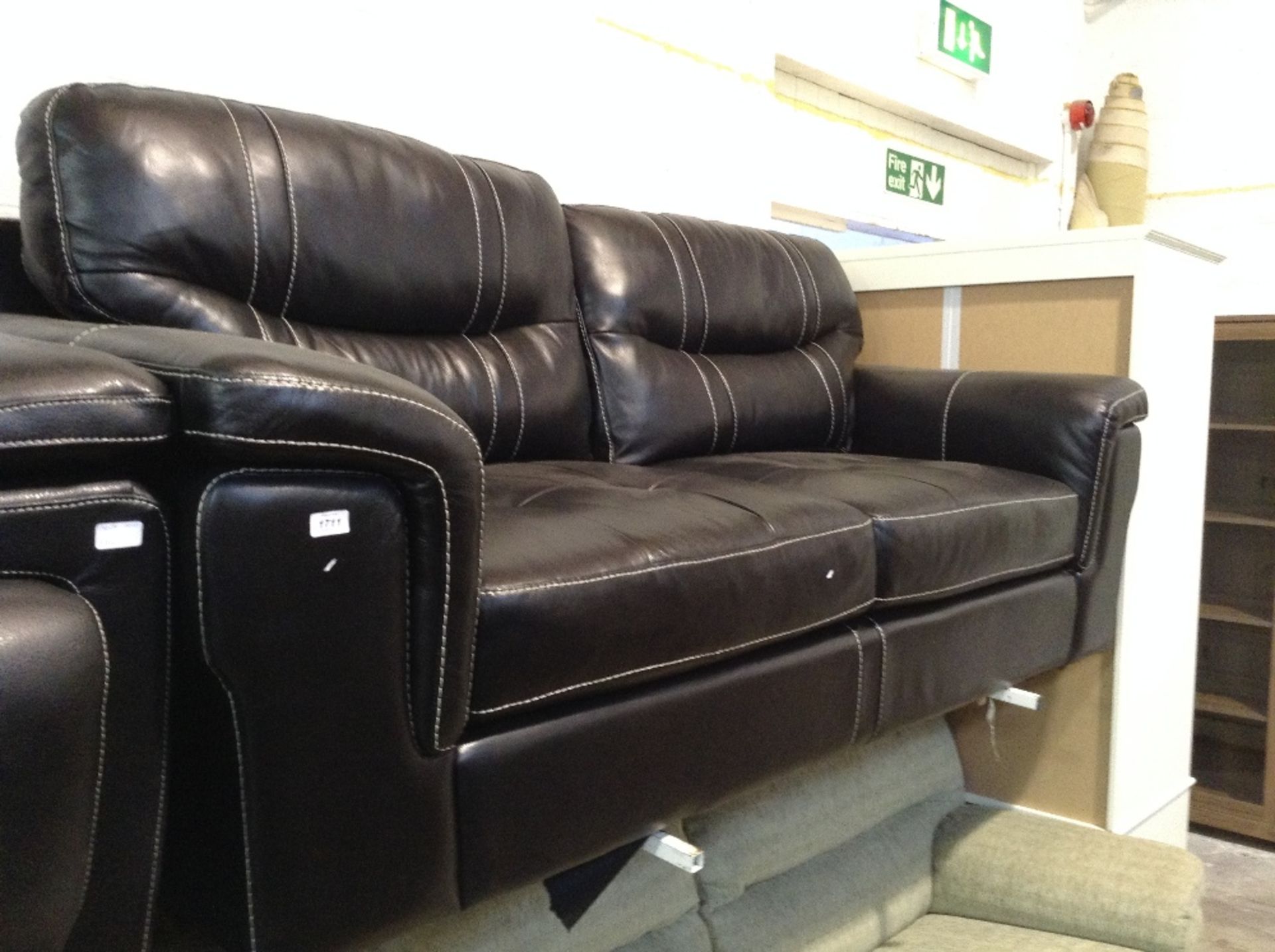 BLACK LEATHER WITH WHITE STITCH 3 SEATER SOFA (scuffed on the front)