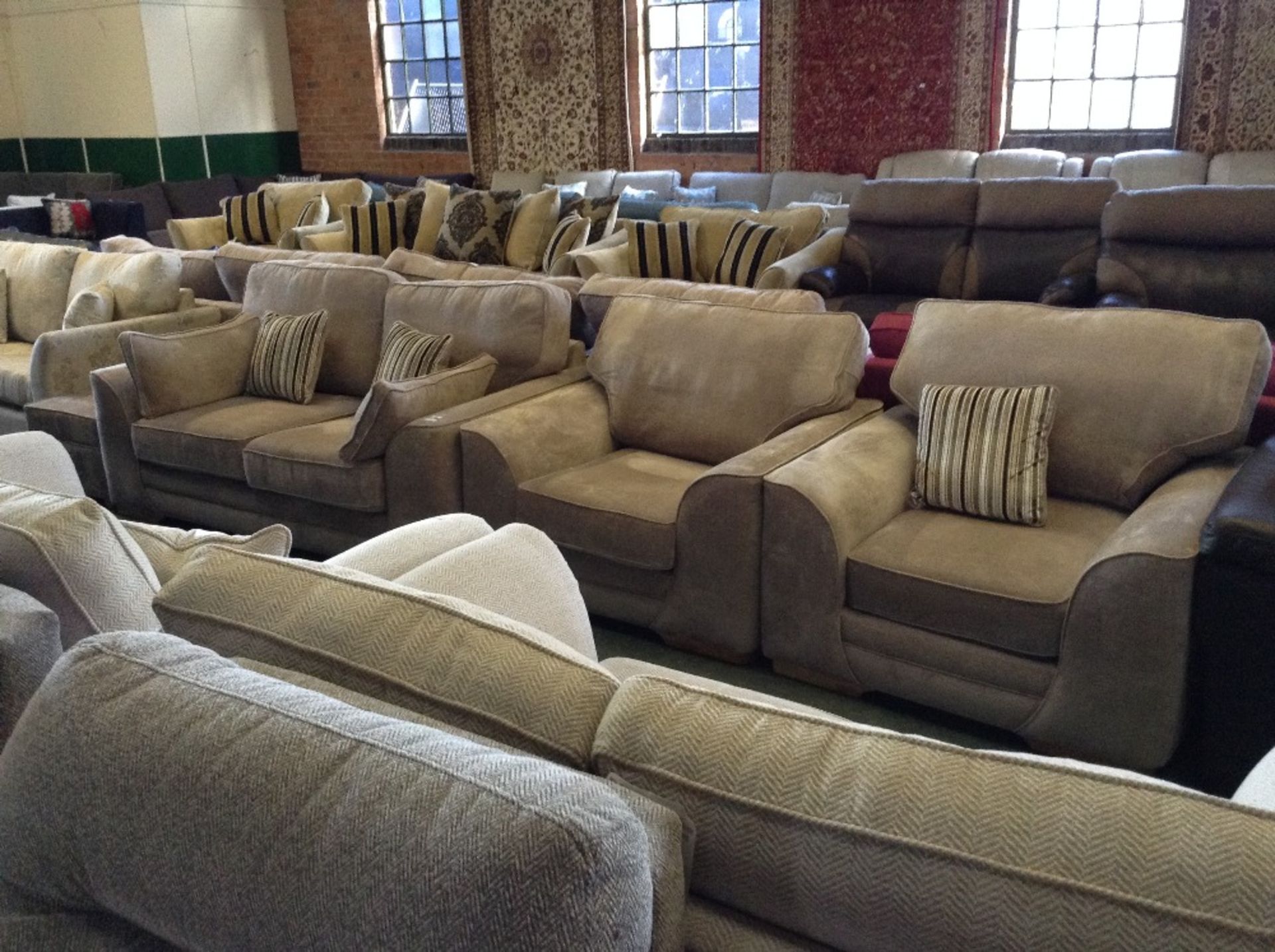 BEIGE 2 SEATER SOFA, 2 x CHAIRS AND STORAGE FOOTST