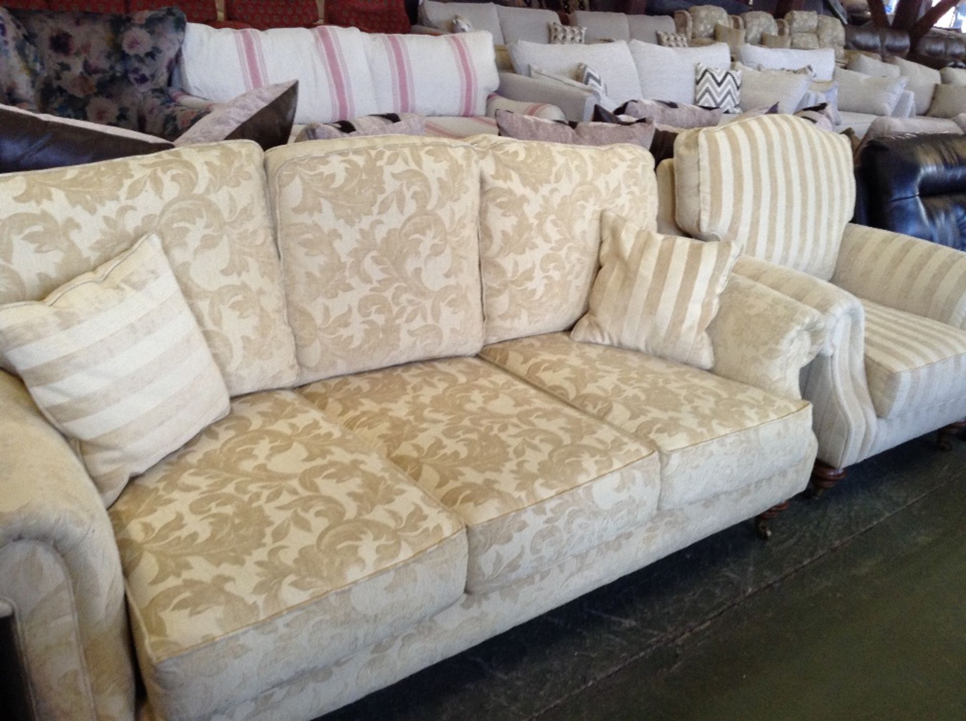 GOLDEN FLORAL PATTERNED 3 SEATER SOFA AND STRIPED