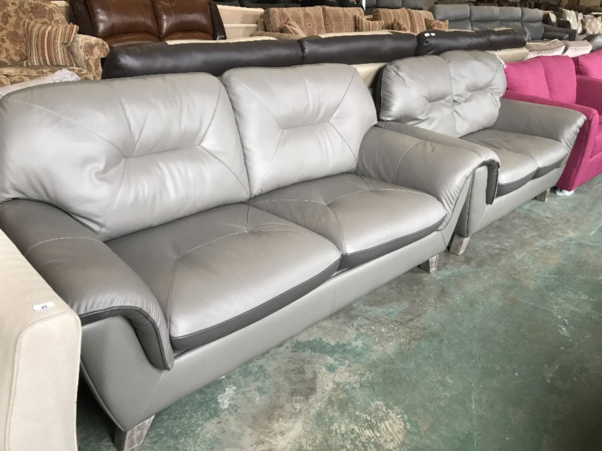 LIGHT GREY & DARK GREY LEATHER 3 SEATER SOFA & 2 S