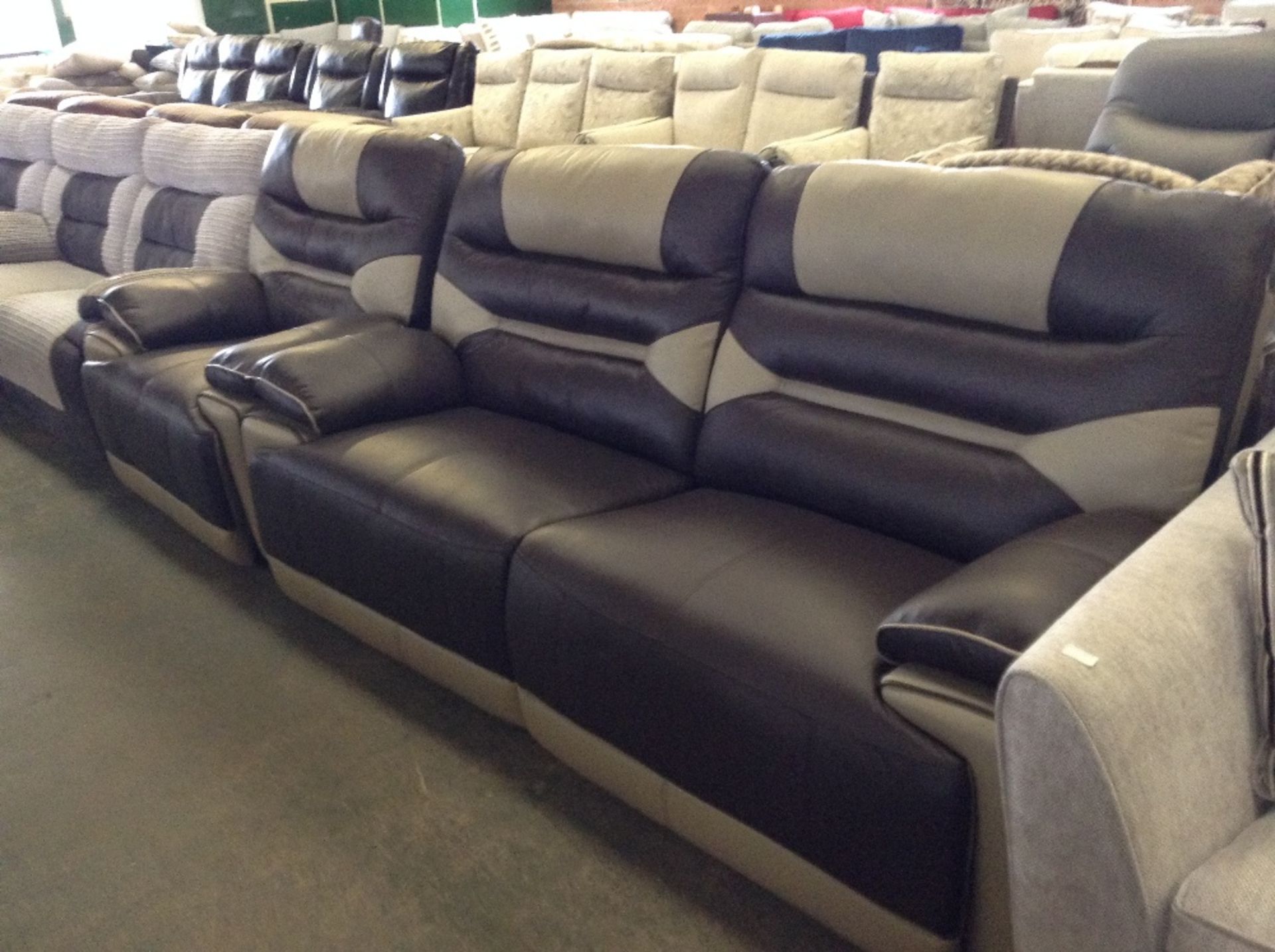 BROWN AND CREAM LEATHER ELECTRIC RECLINING 3 SEATER SOFA AND CHAIR (17275-17276)
