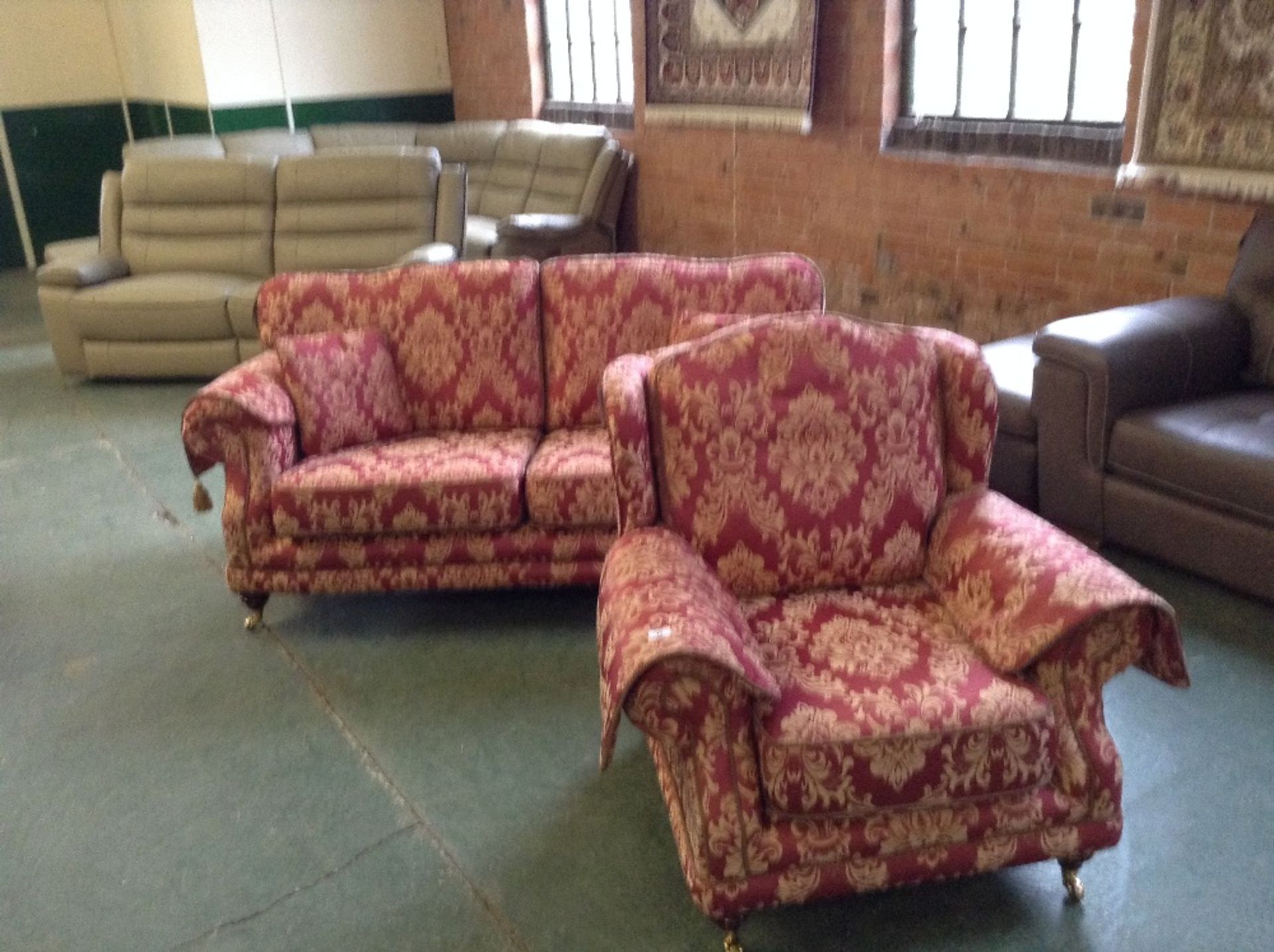 RED AND GOLD FLORAL PATTERNED 2 SEATER SOFA AND CH