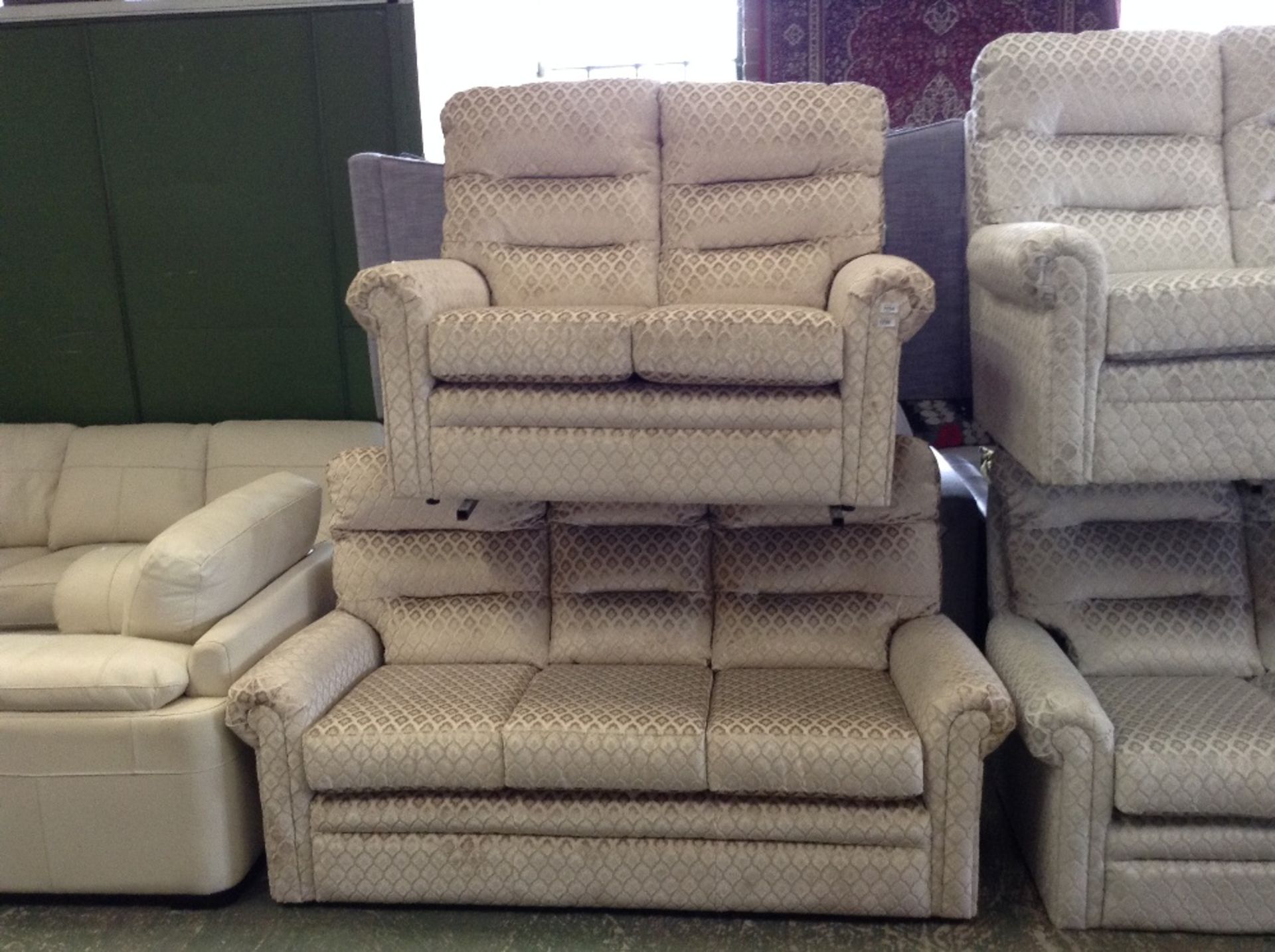 CREAM PATTERNED HIGH BACK 3 SEATER SOFA AND 2 SEAT