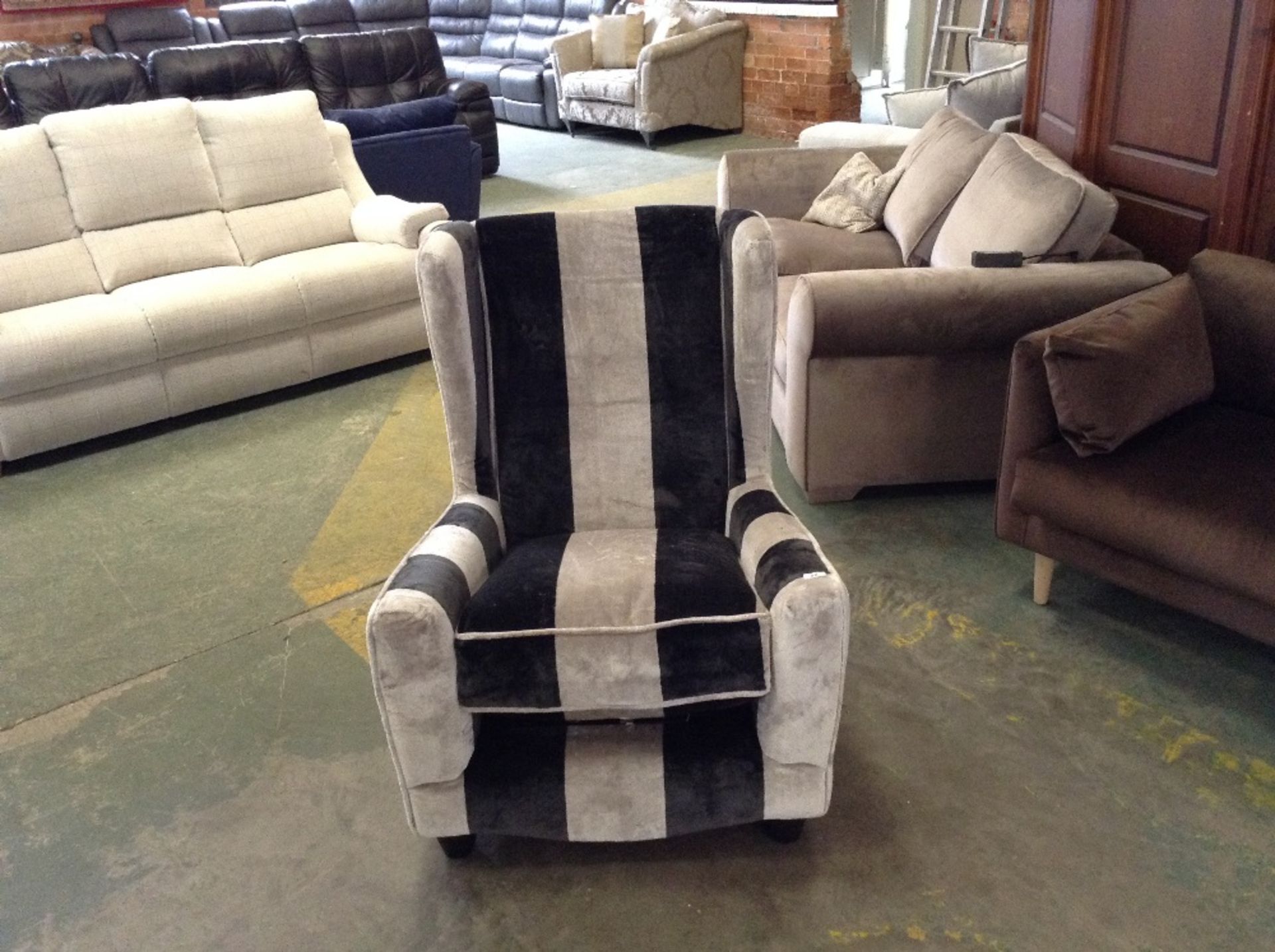 DARK GREY AND LIGHT GREY STRIPED WING CHAIR