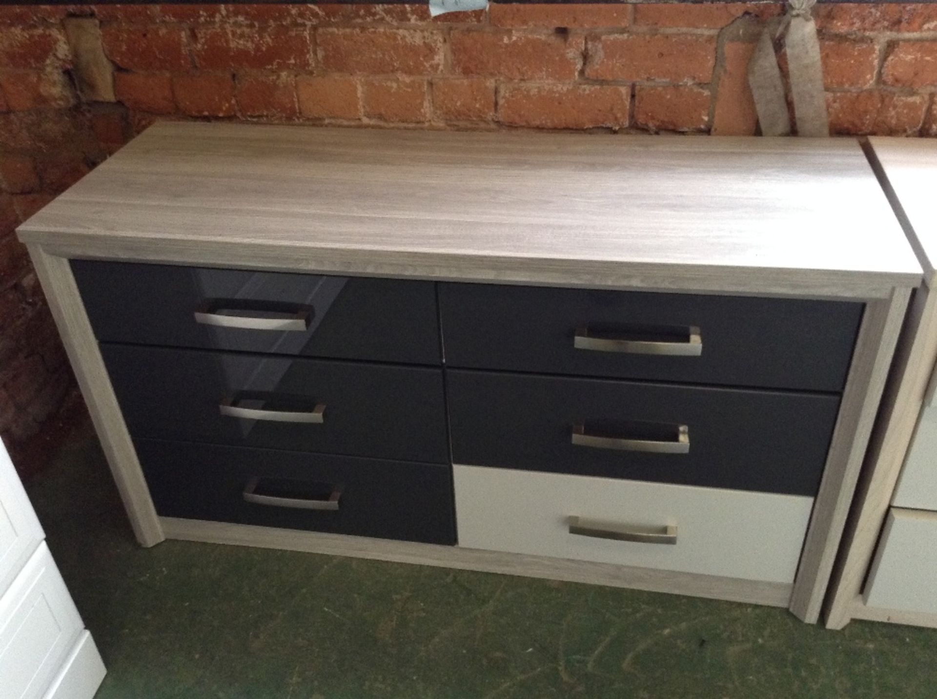 WEATHERED OAK AND GREY 6 DRAWER CHEST (wrong drawe