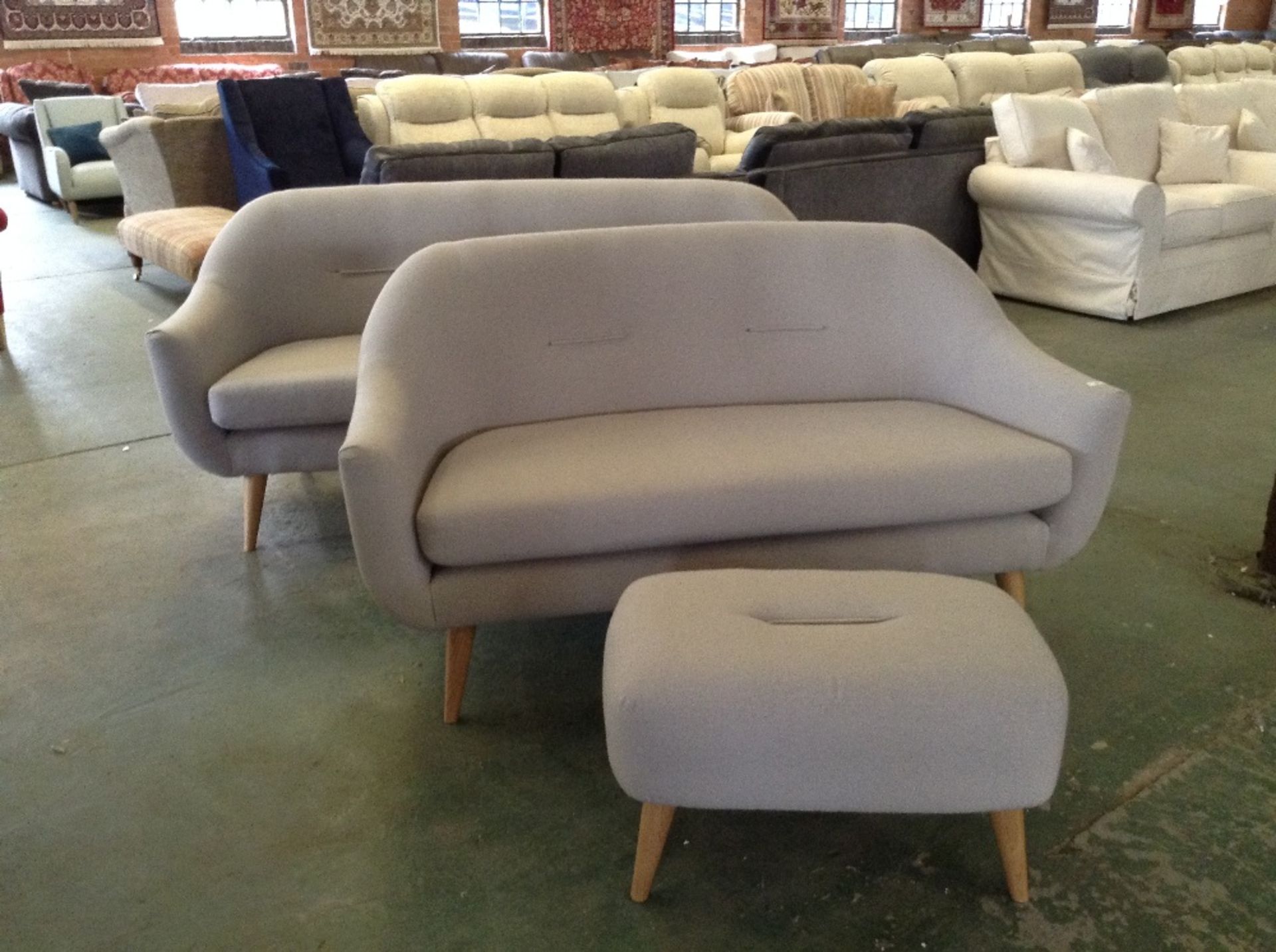GREY 3 SEATER SOFA, 2 SEATER SOFA AND FOOTSTOOL