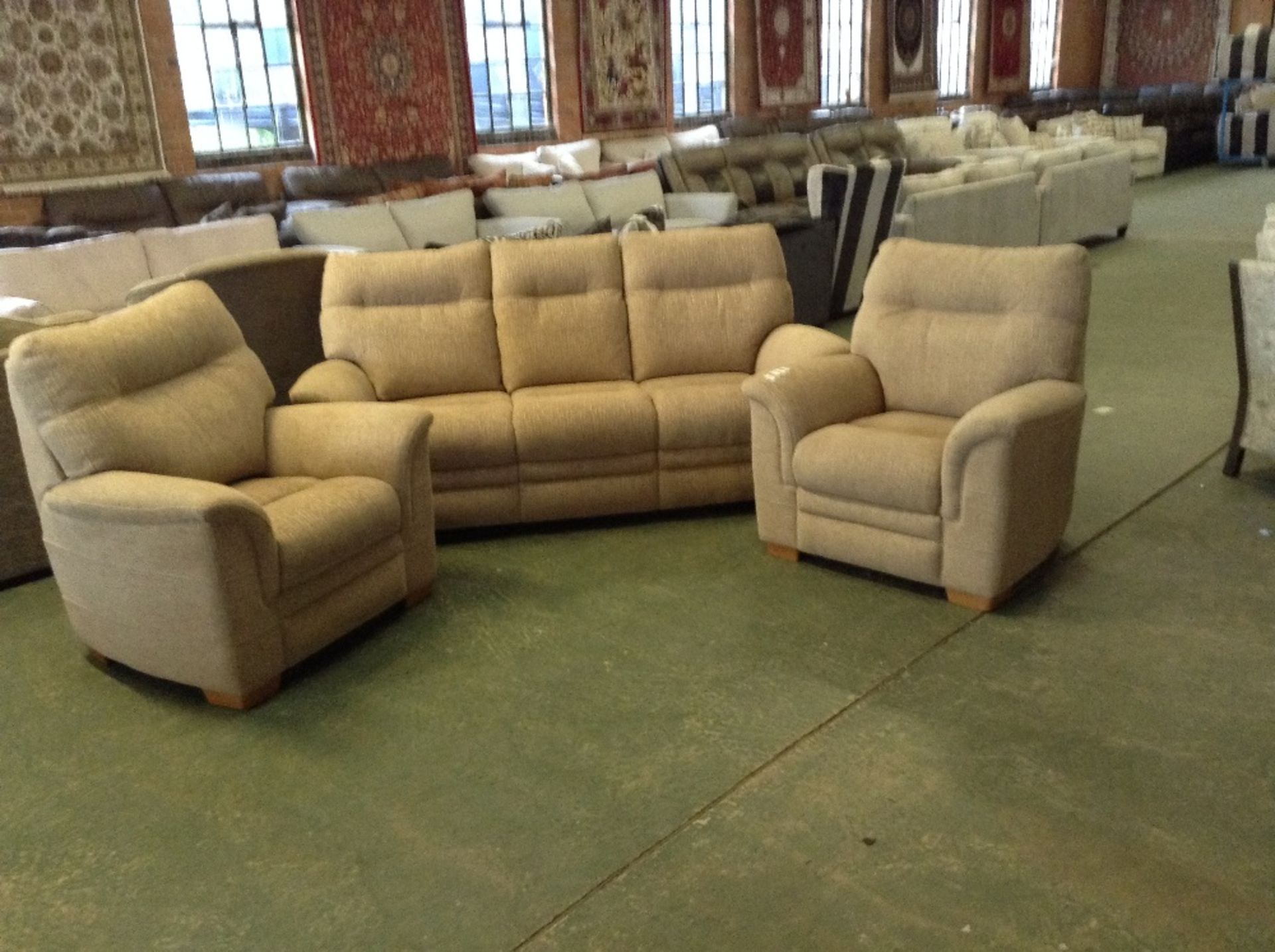 BEIGE HIGH BACK 3 SEATER SOFA AND 2 CHAIRS (TR0008