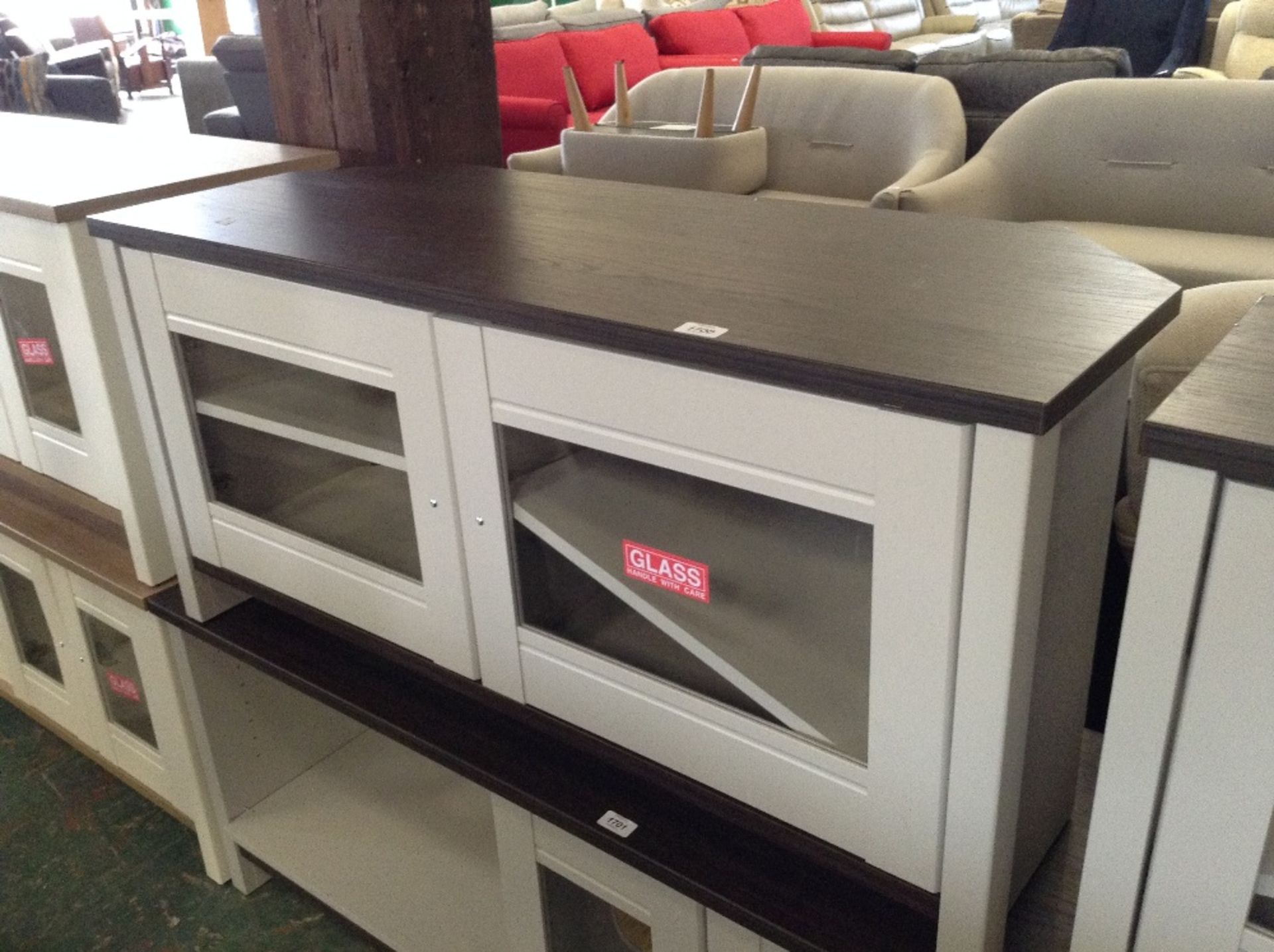 SOFT GREY AND WALNUT CORNER TV/MEDIA UNIT (return)