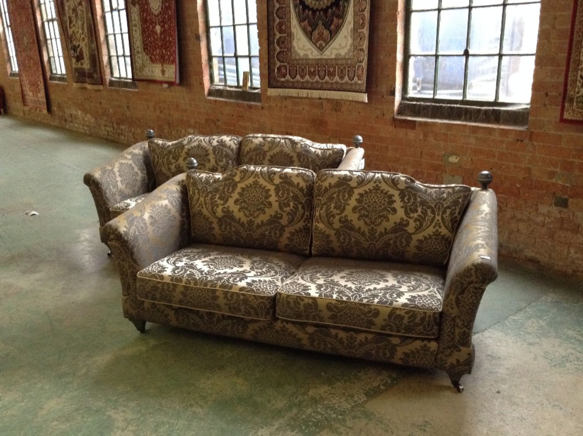 2 x GREY AND GOLD FLORAL PATTERNED 3 SEATER SOFAS (damaged)