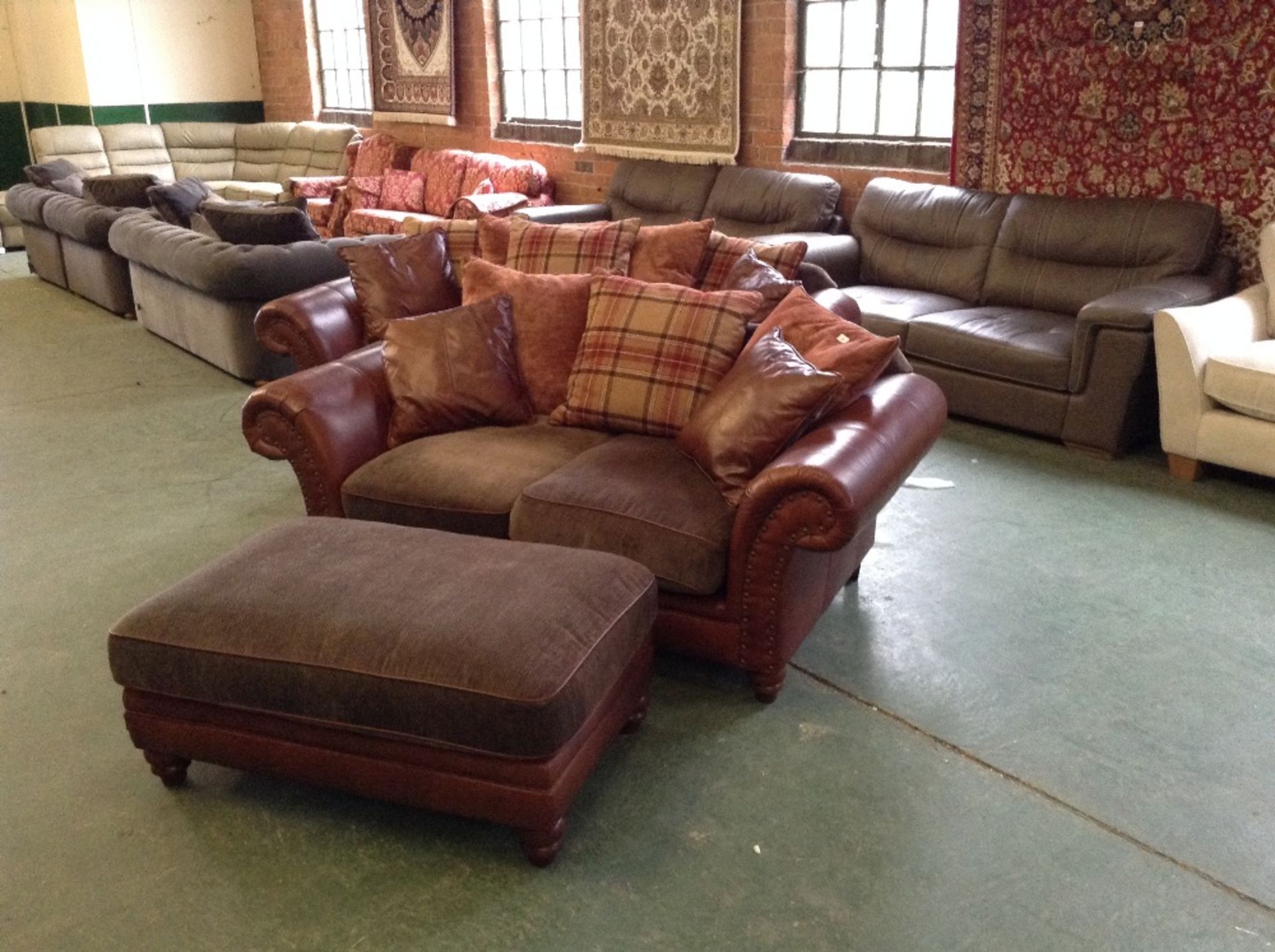 BROWN HALF HIDE 3 SEATER SOFA, 2 SEATER SOFA AND F