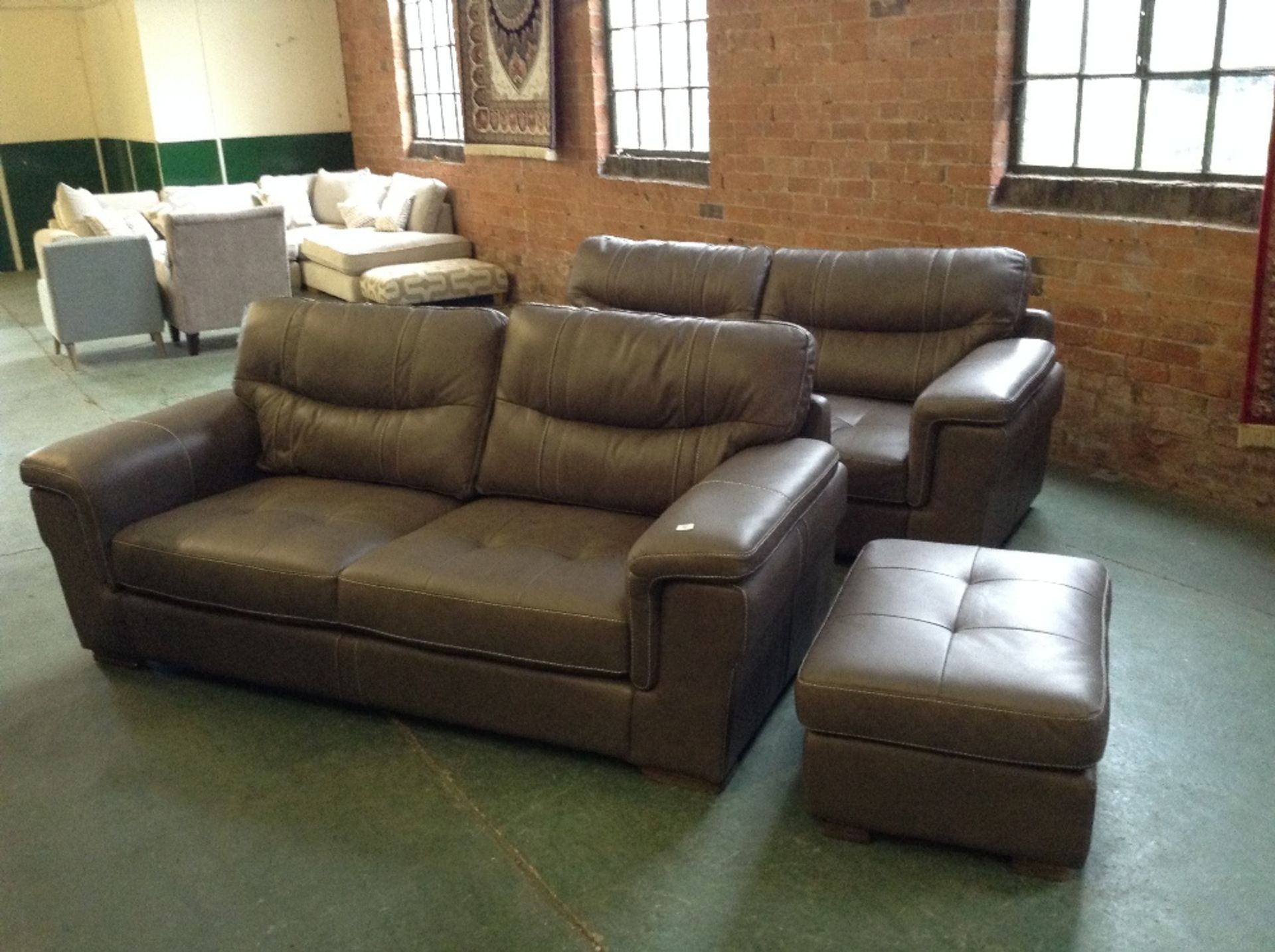 2 x GREY LEATHER WITH WHITE STITCH 3 SEATER SOFAS