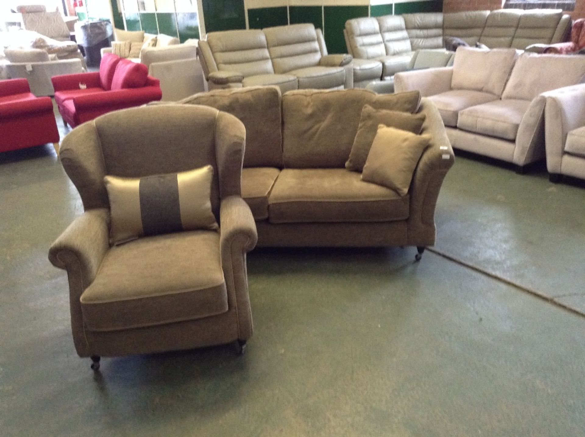 BEIGE 3 SEATER SOFA AND WING CHAIR (missing correc