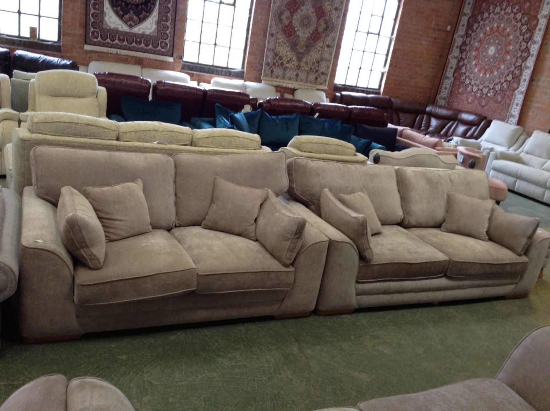 BEIGE 3 SEATER SOFA, 2 SEATER SOFA AND FOOTSTOOL (