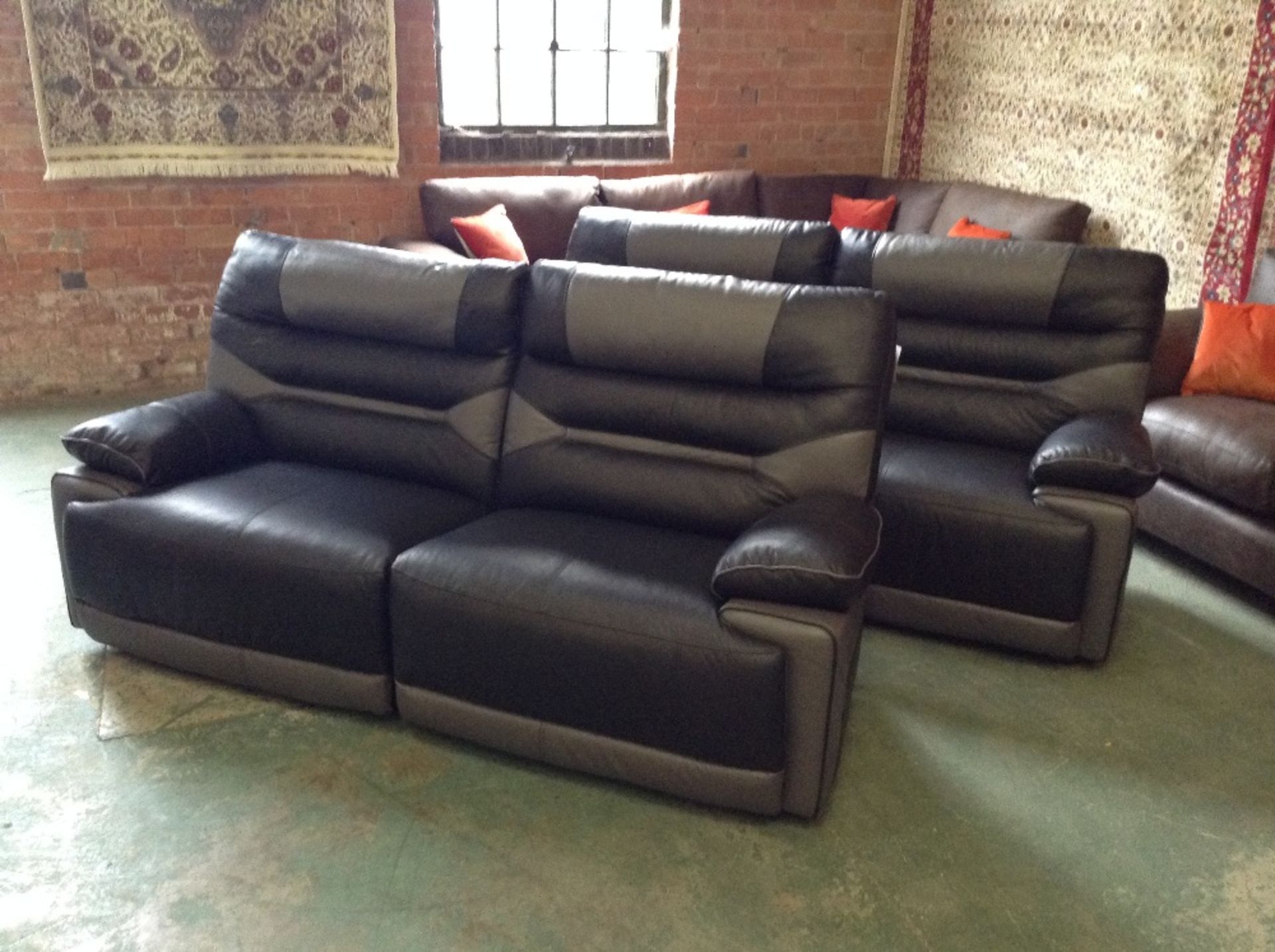 2 x GREY AND BLACK LEATHER MANUAL RECLINING 3 SEAT