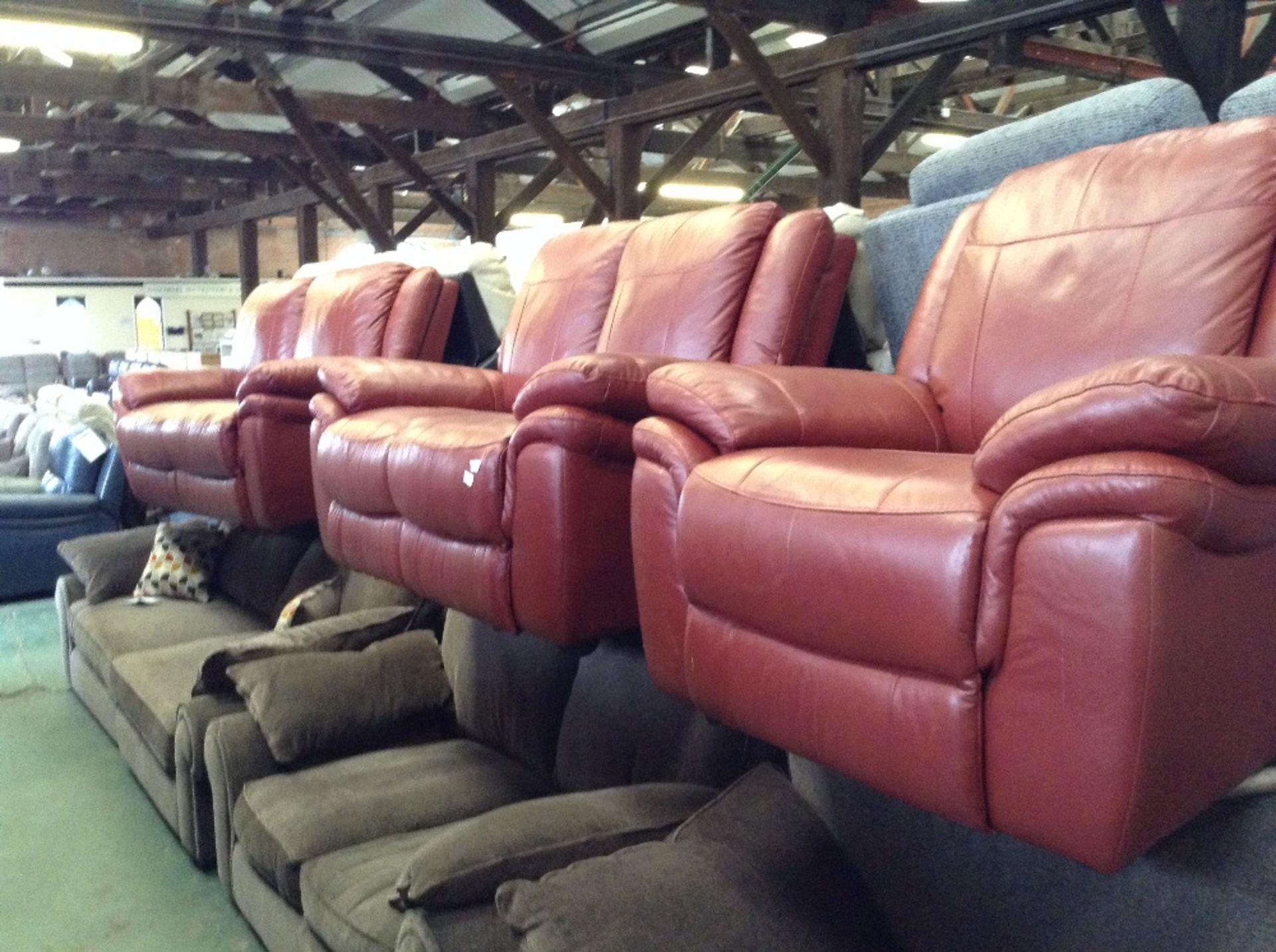 RED LEATHER 3 SEATER SOFA, 2 SEATER SOFA AND CHAIR