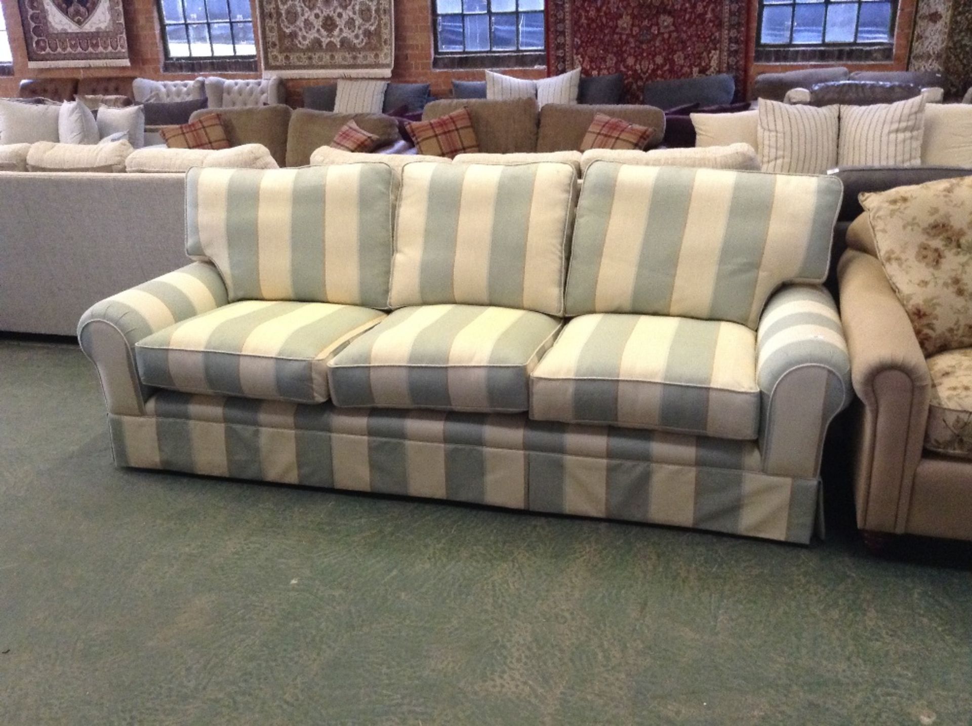 NATURAL AND GREEN STRIPED 3 SEATER SOFA