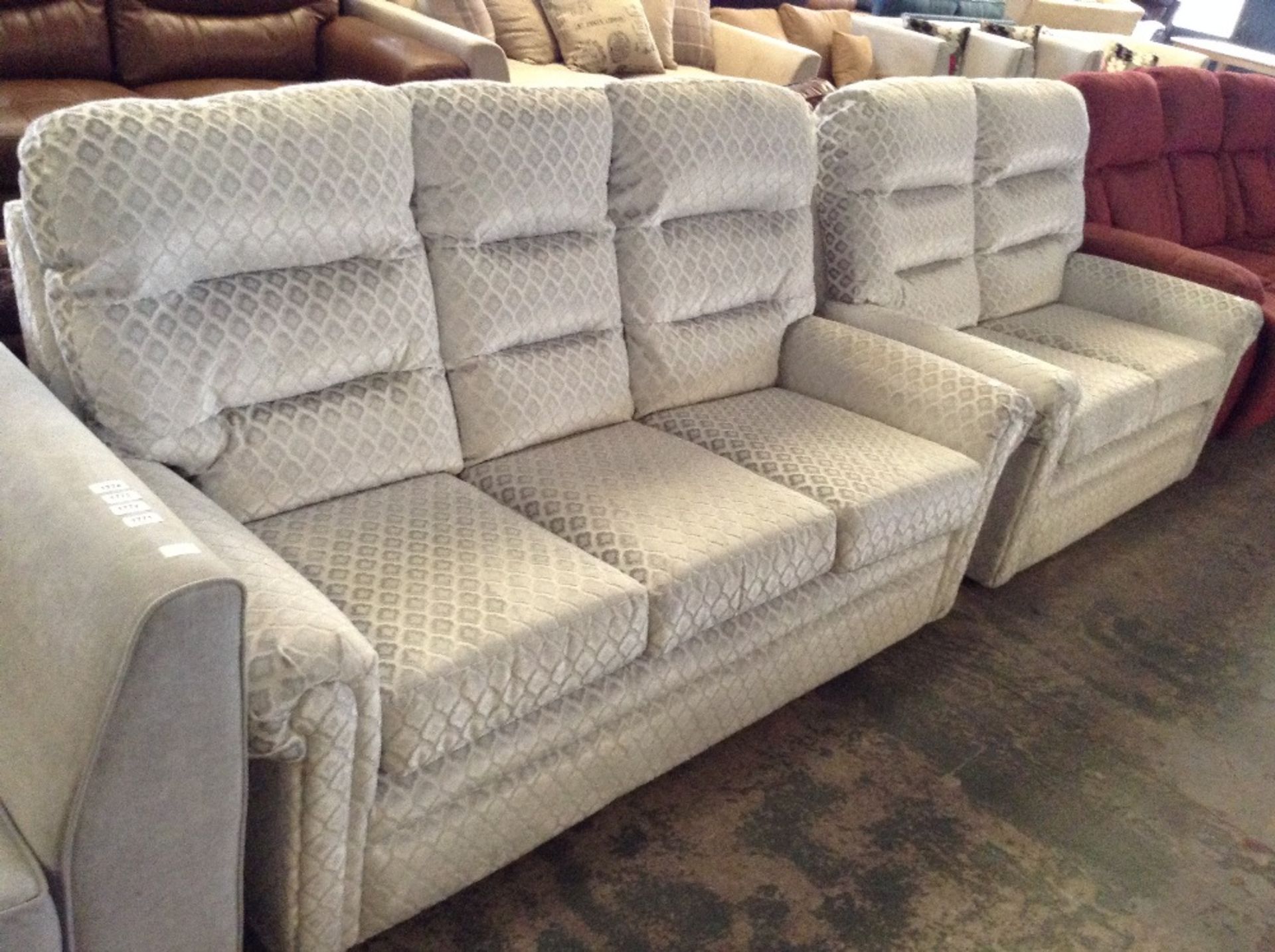 SILVER PATTERNED HIGH BACK 3 SEATER SOFA AND 2 SEA