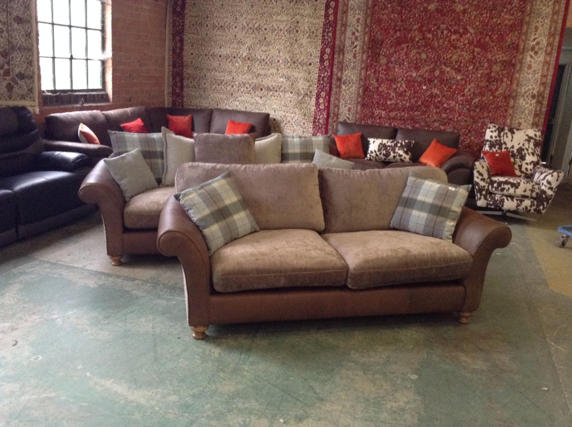 2 x BROWN HALF HIDE 3 SEATER SOFAS