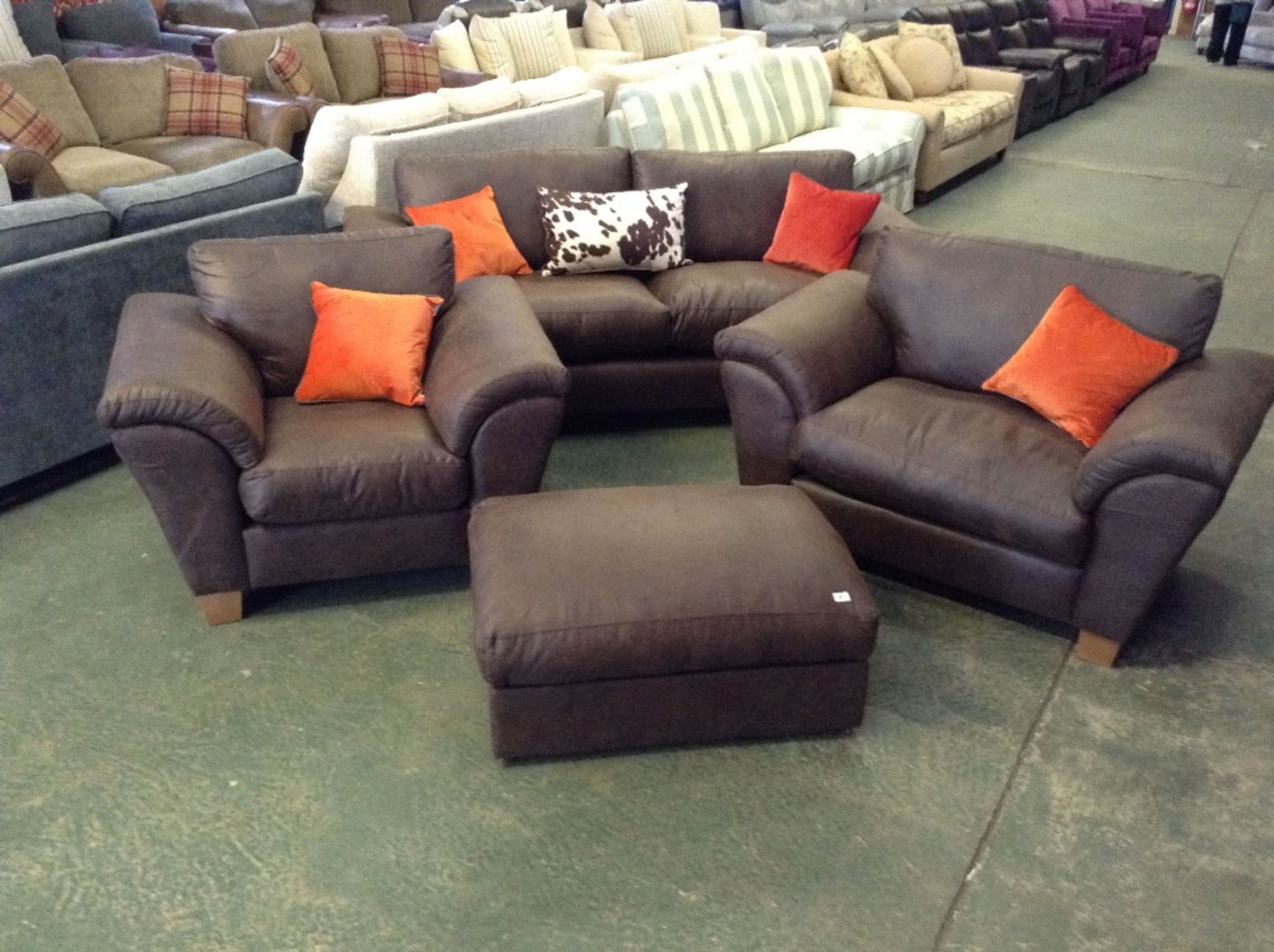 BROWN SADDLE 3 SEATER SOFA, SNUG CHAIR, CHAIR AND FOOTSTO