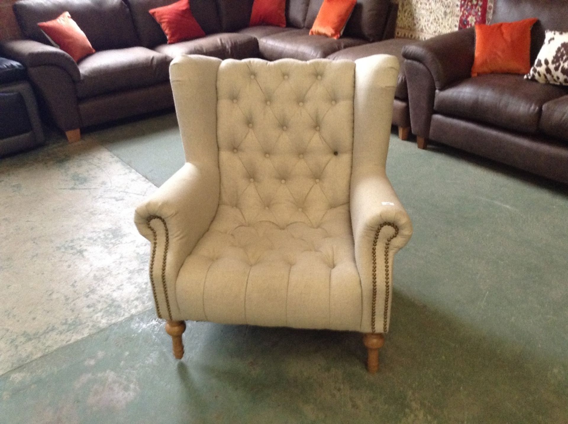 NATURAL BUTTON BACK WING CHAIR (missing a button c