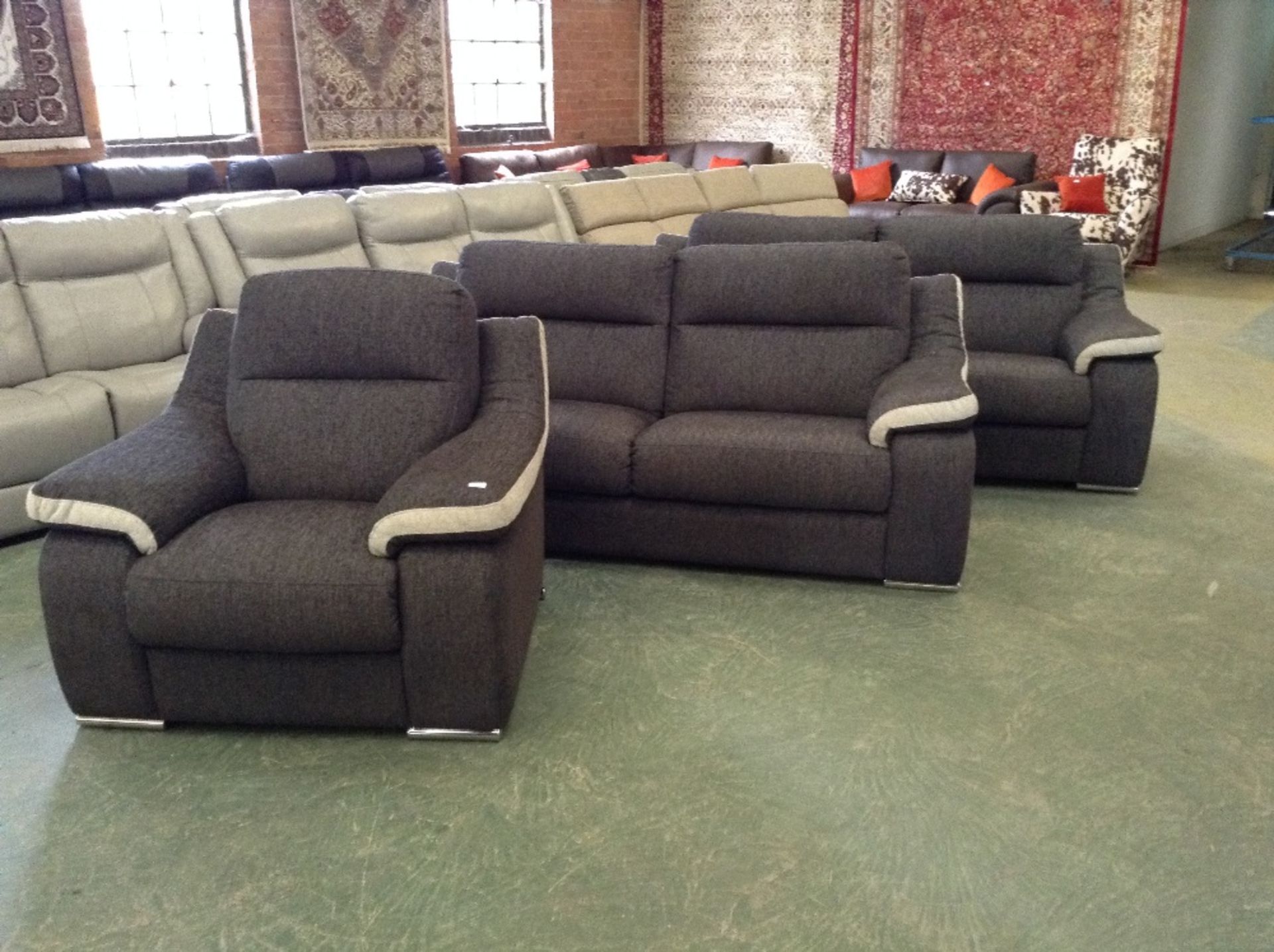 2 x GREY AND NATURAL FABRIC 3 SEATER SOFAS AND CHA