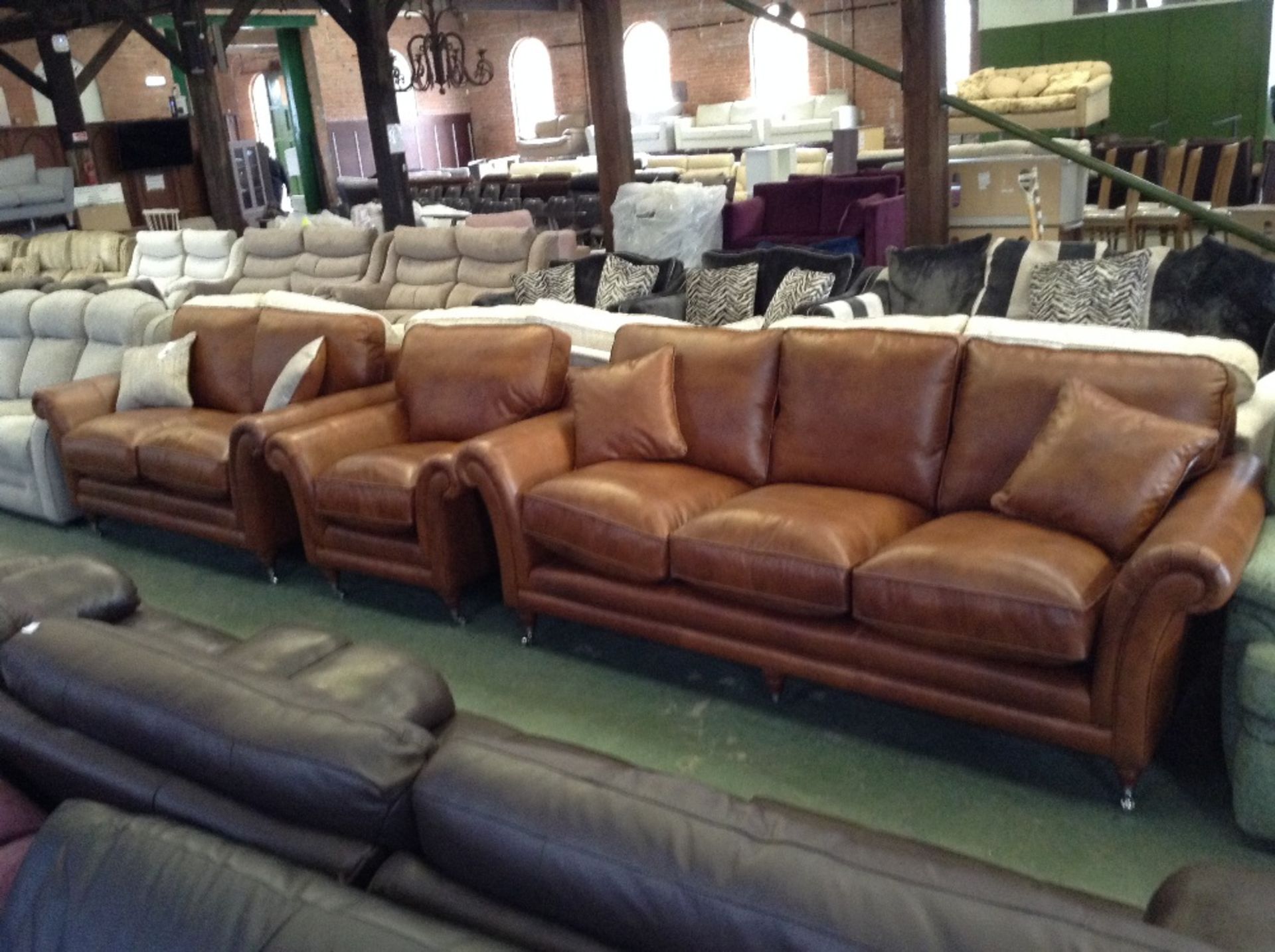 BROWN LEATHER 3 SEATER SOFA, 2 SEATER SOFA AND CHA