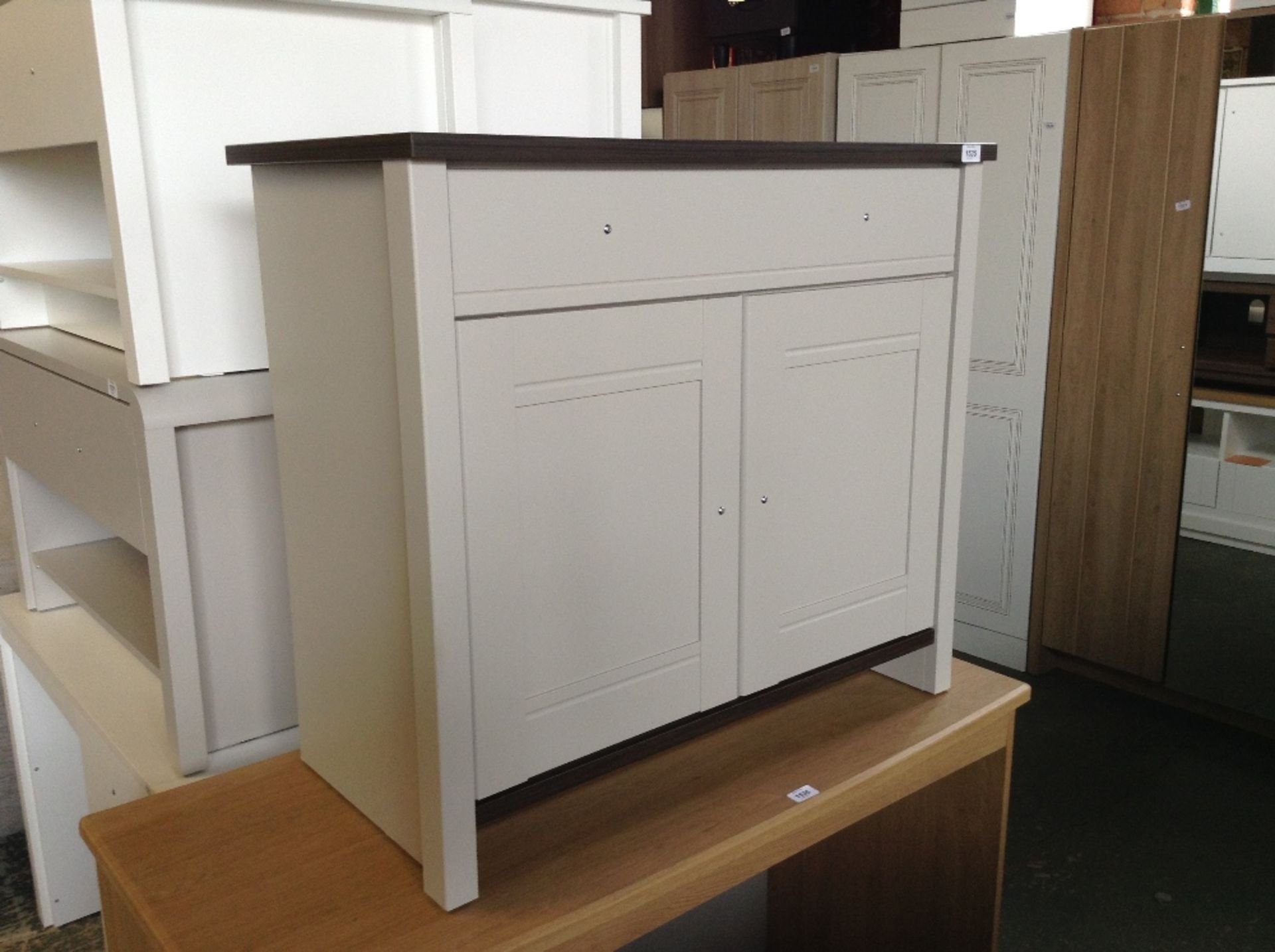 SOFT GREY AND WALNUT 2 DOOR SIDEBOARD (return)