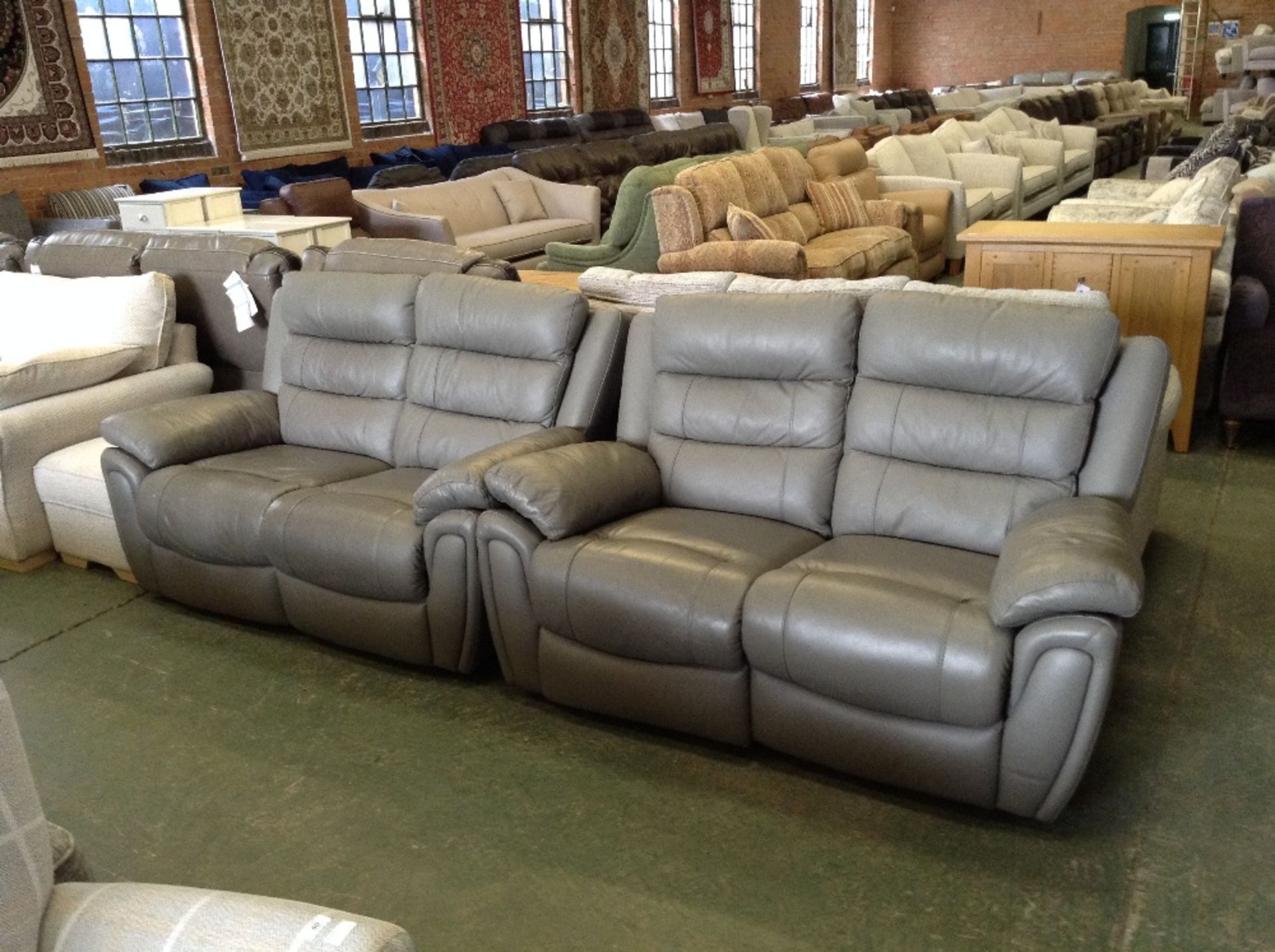 2 x GREY LEATHER MANUAL RECLINING 2 SEATER SOFAS (