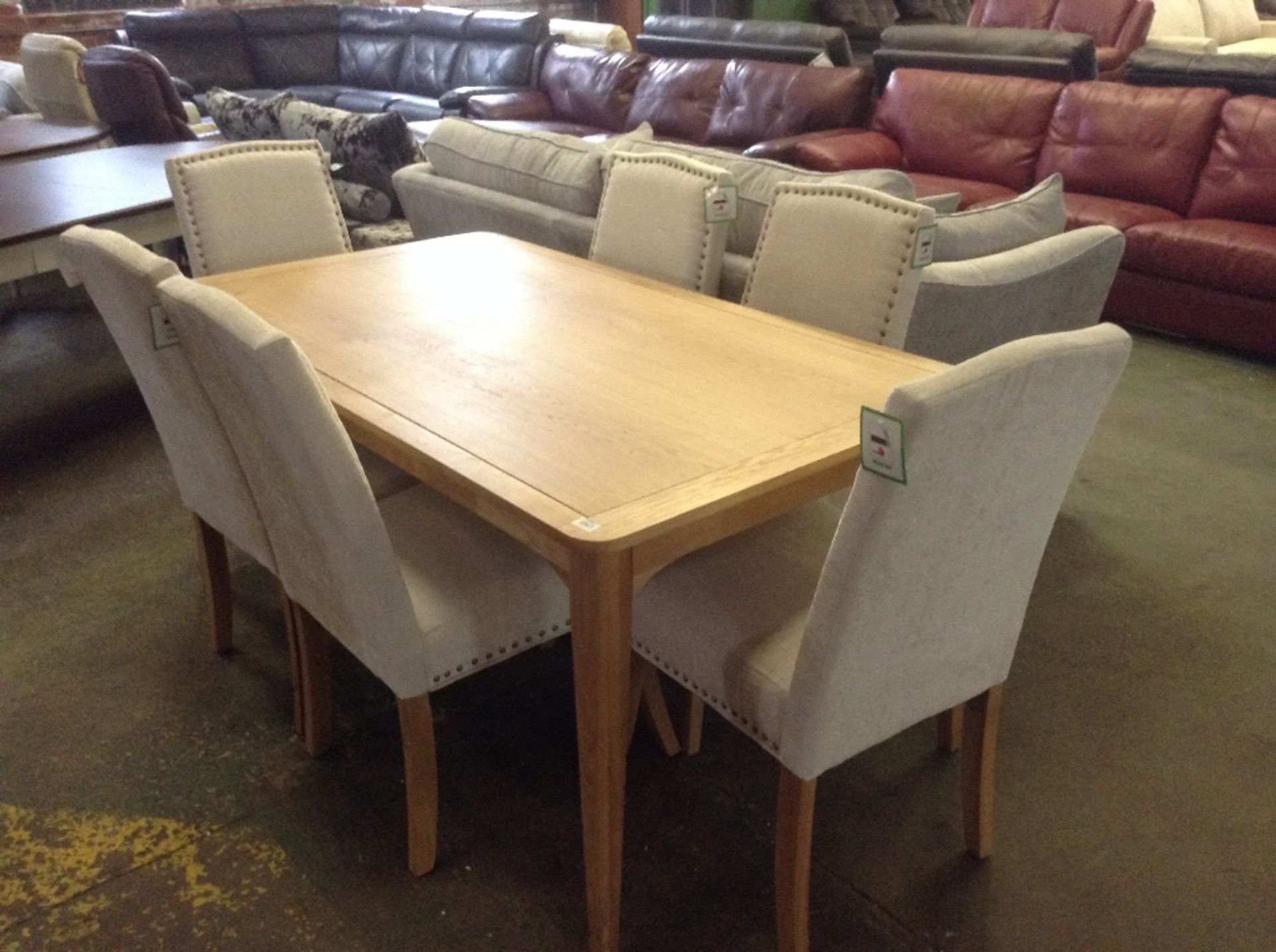 LEWISHAM OAK TABLE AND 6 NATURAL STUDDED CHAIRS