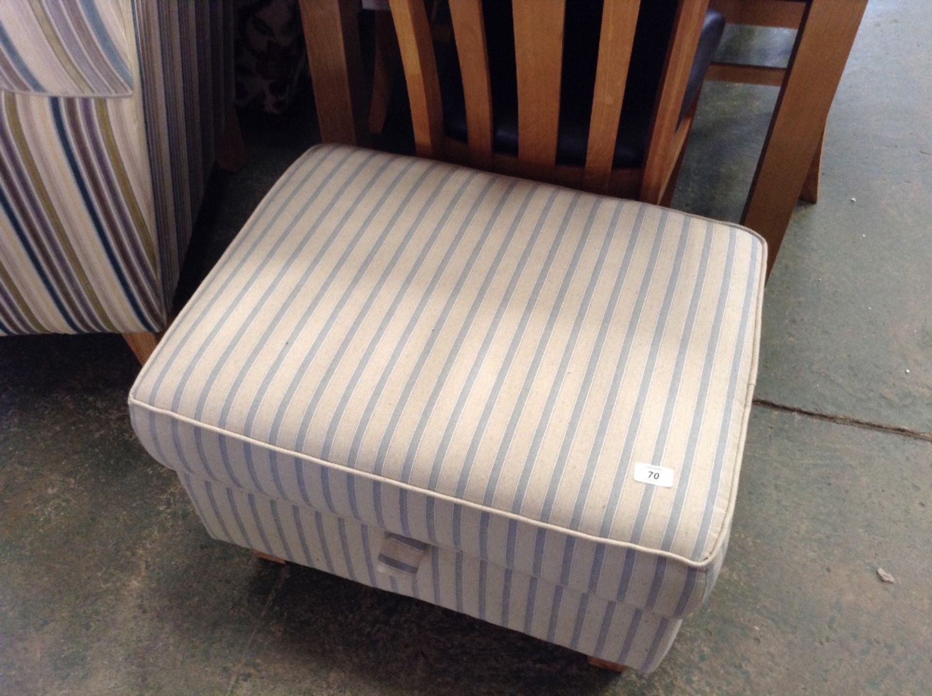 BLUE AND NATURAL STRIPED STORAGE FOOTSTOOL