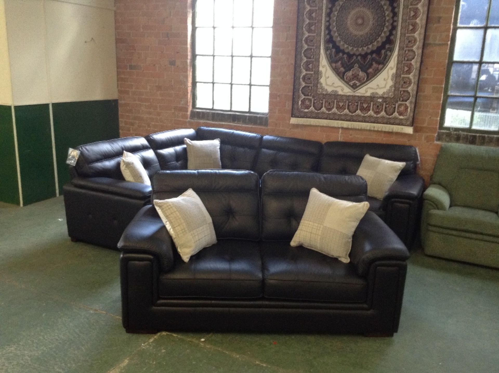 BLACK LEATHER 4 PART CORNER GROUP AND 2 SEATER SOF