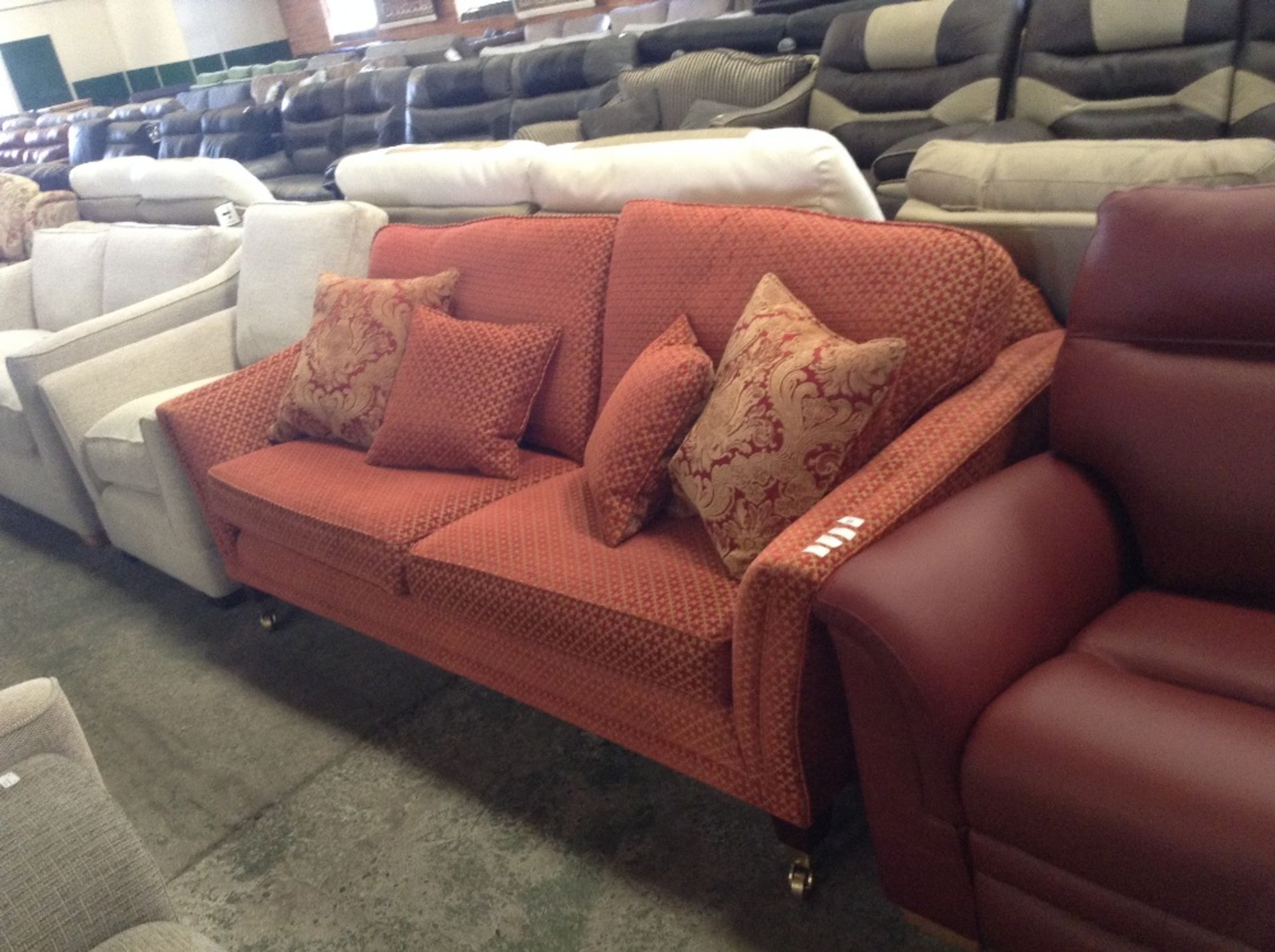 ORANGE AND GOLD PATTERNED 3 SEATER SOFA (TR000941
