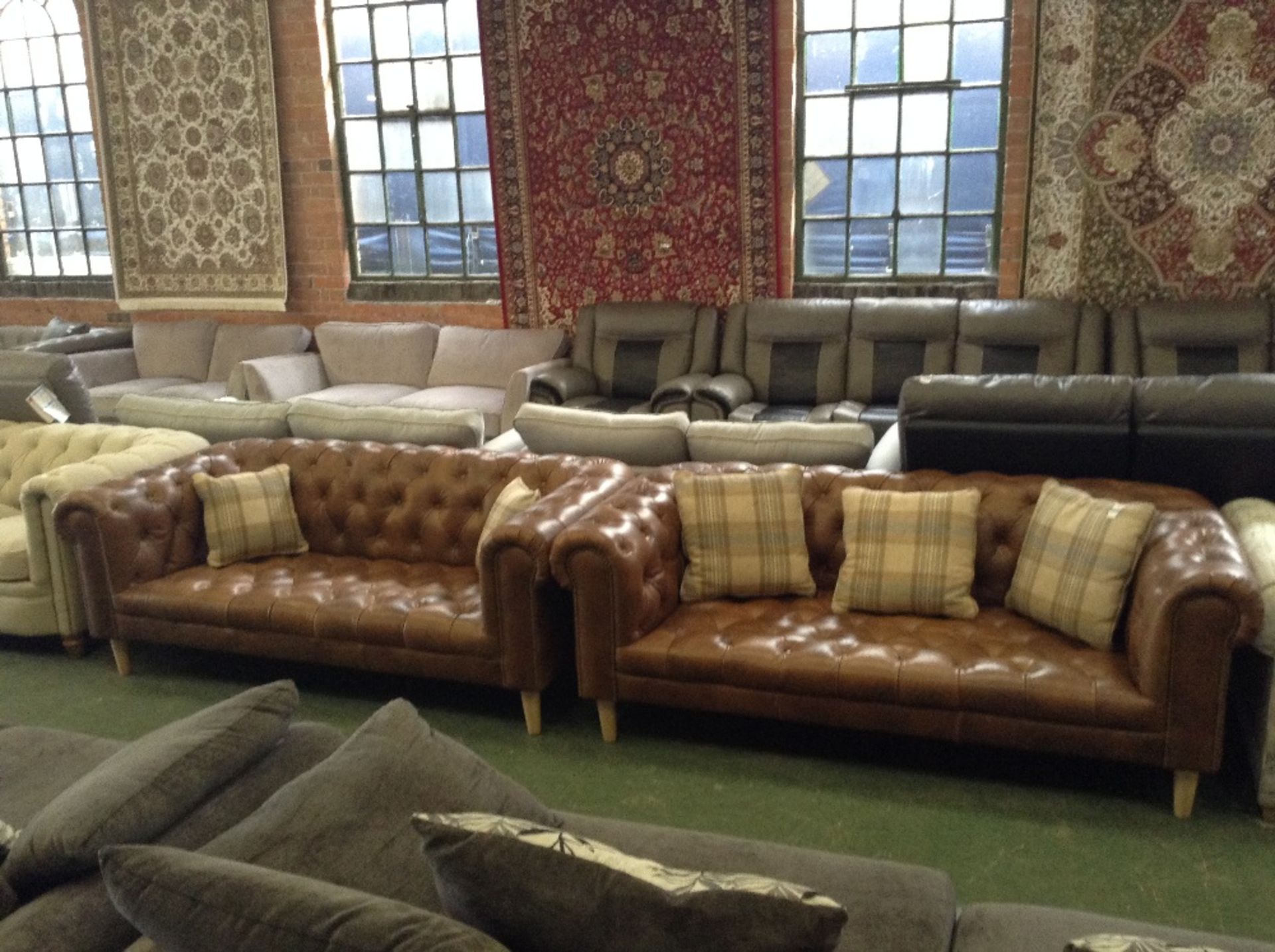 2 x BROWN CHESTERFIELD STYLE 2.5 SEATER SOFAS (134