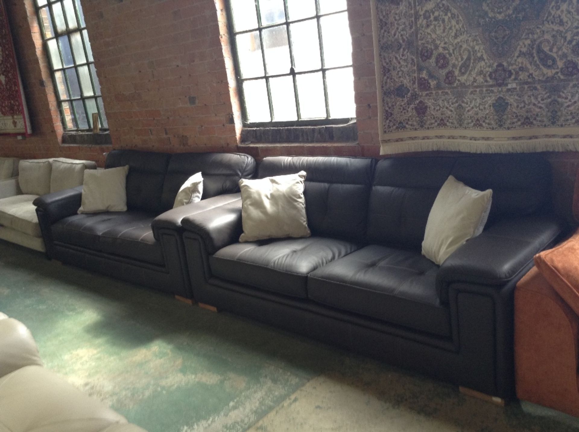2 x BROWN LEATHER WITH WHITE STITCH 3 SEATER SOFAS