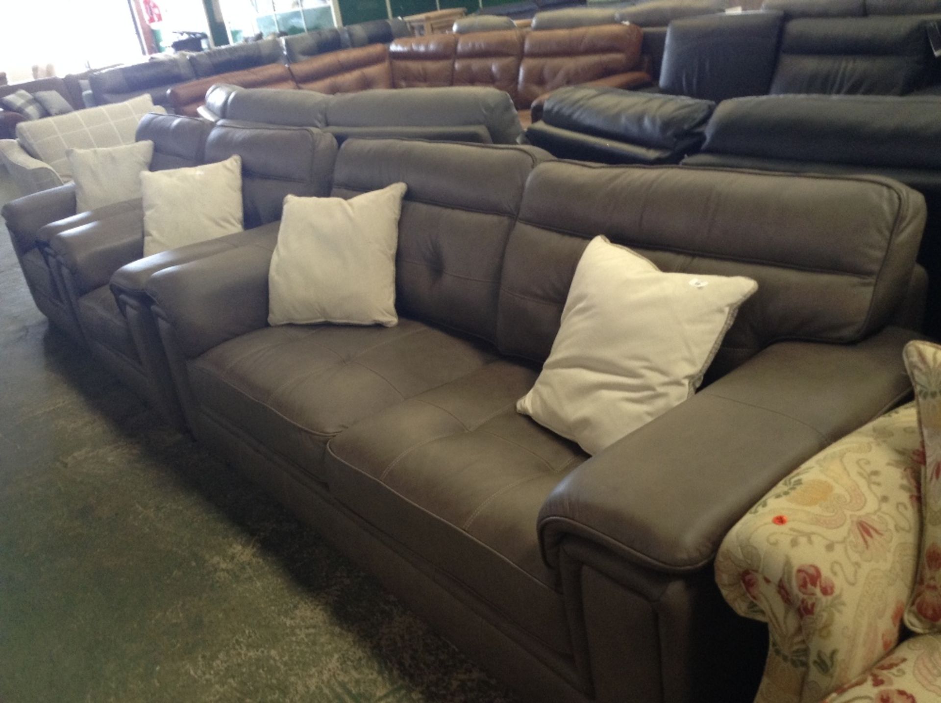 GREY LEATHER WITH WHITE STITCH 3 SEATER SOFA AND 2