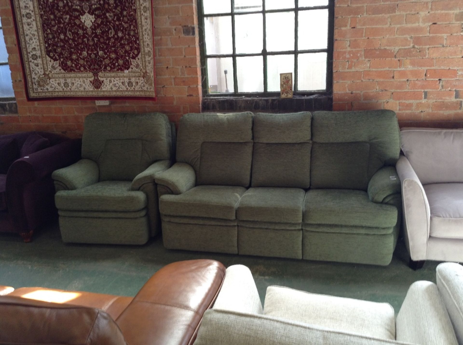 GREEN HIGH BACK 3 SEATER SOFA AND CHAIR (TR000930