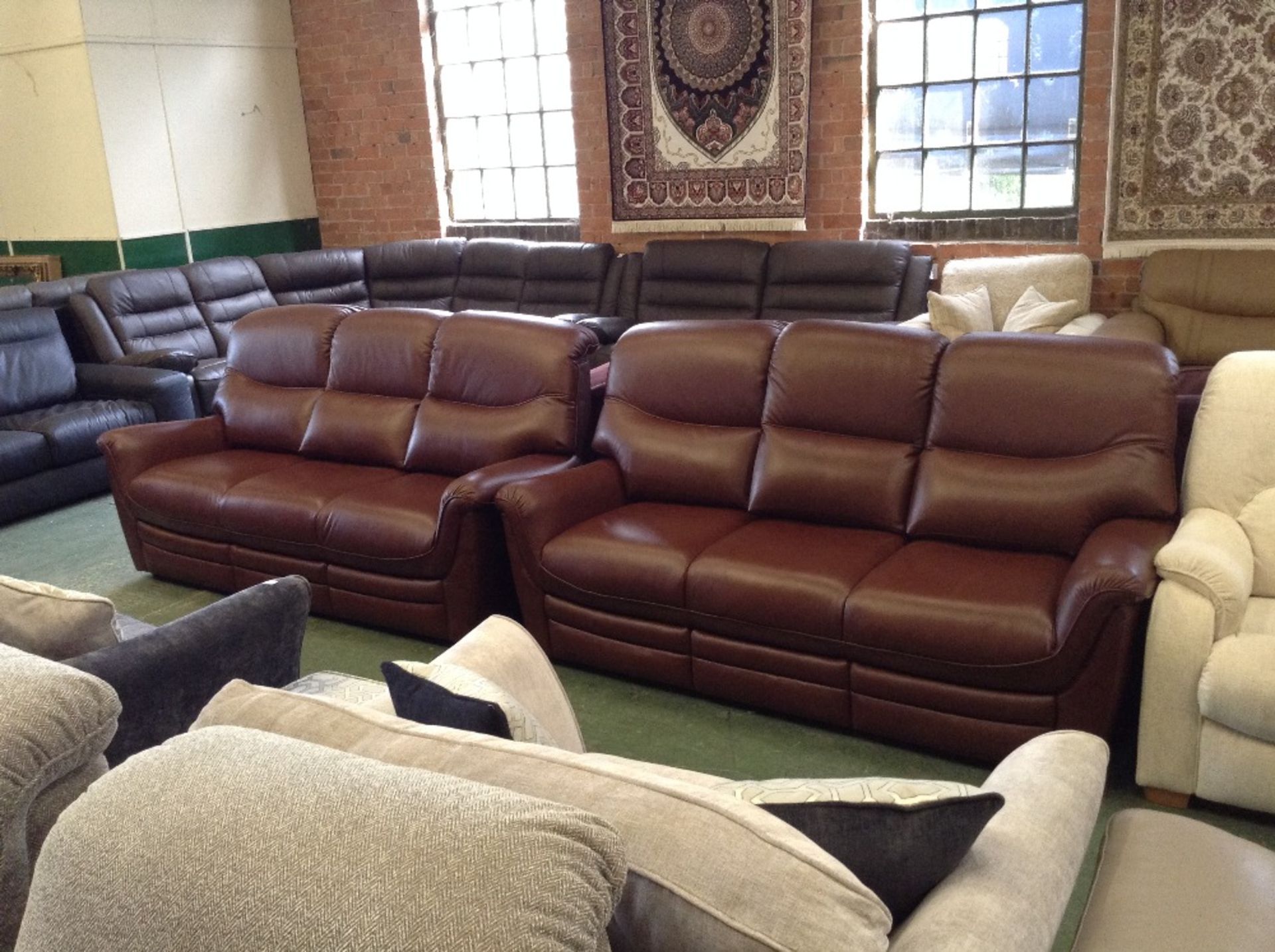 2 x BROWN LEATHER HIGH BACK 3 SEATER SOFAS (TR000945 WO0279835 WO0279839)