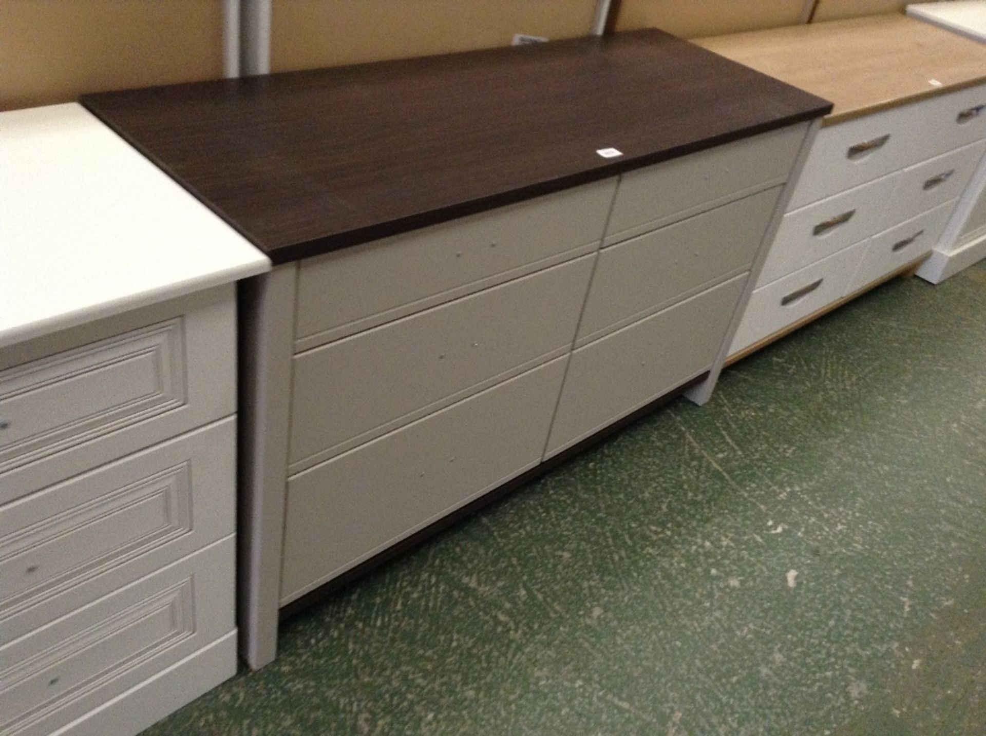 SOFT GREY AND WALNUT 6 DRAWER CHEST (return)