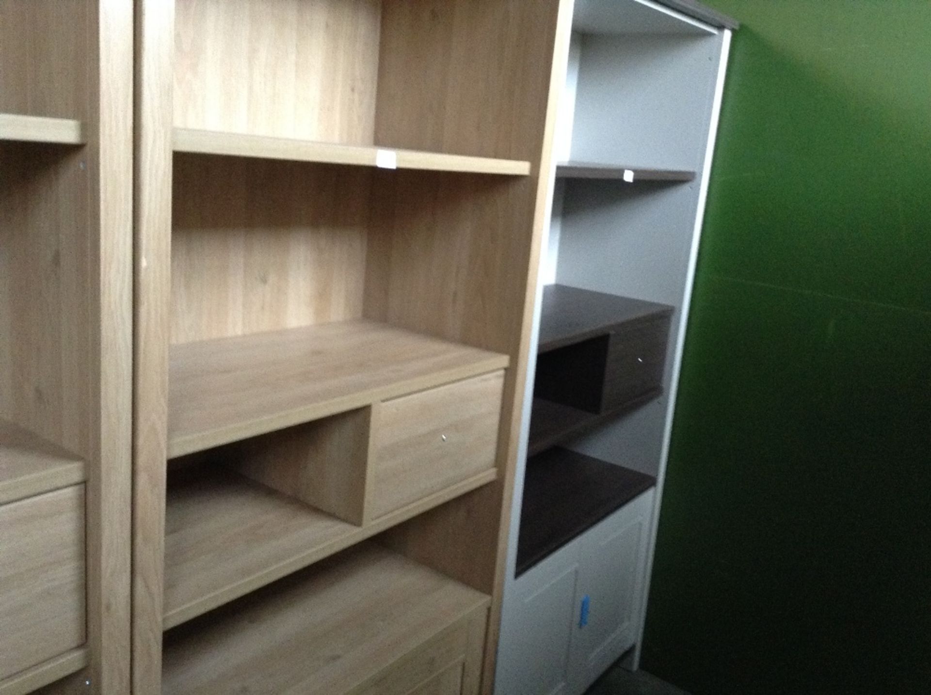 SOFT GREY AND WALNUT OPEN BOOKCASE (return)